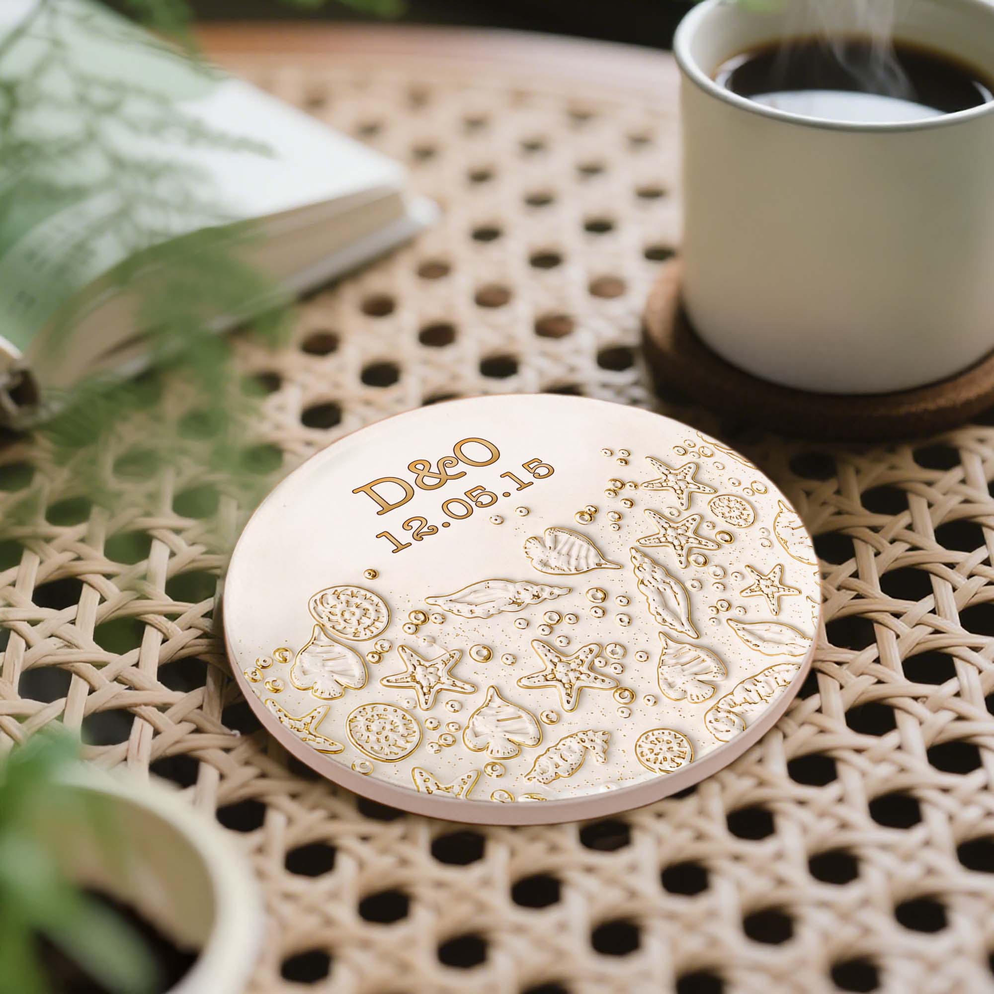 Personalized Beach Design Ceramic Coaster Custom Date Gift for Couples