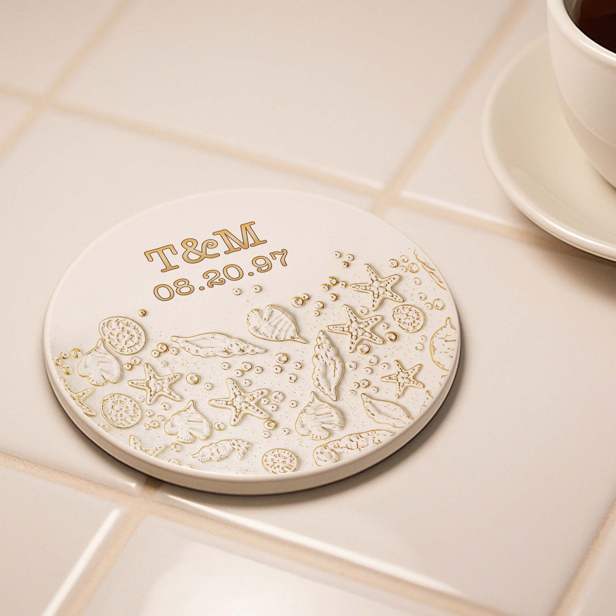Personalized Beach Design Ceramic Coaster Custom Date Gift for Couples