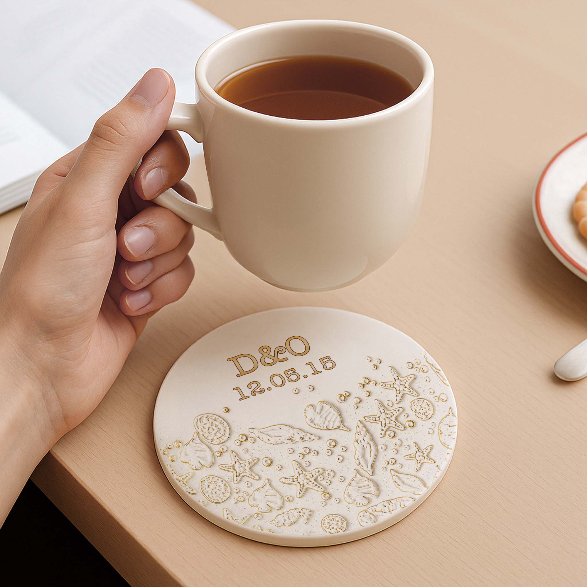 Personalized Beach Design Ceramic Coaster Custom Date Gift for Couples