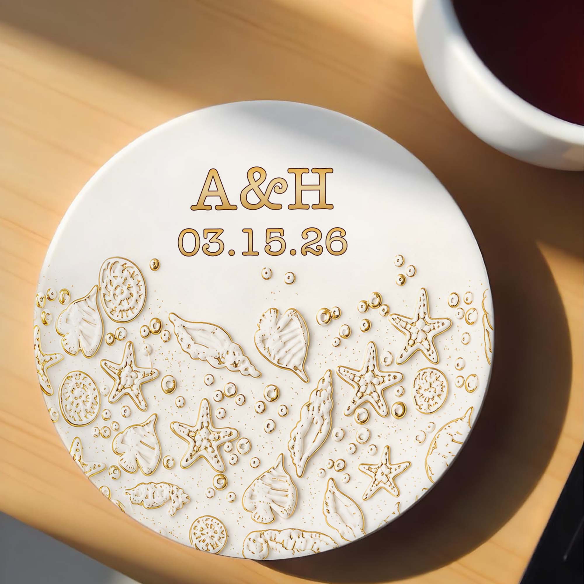 Personalized Beach Design Ceramic Coaster Custom Date Gift for Couples