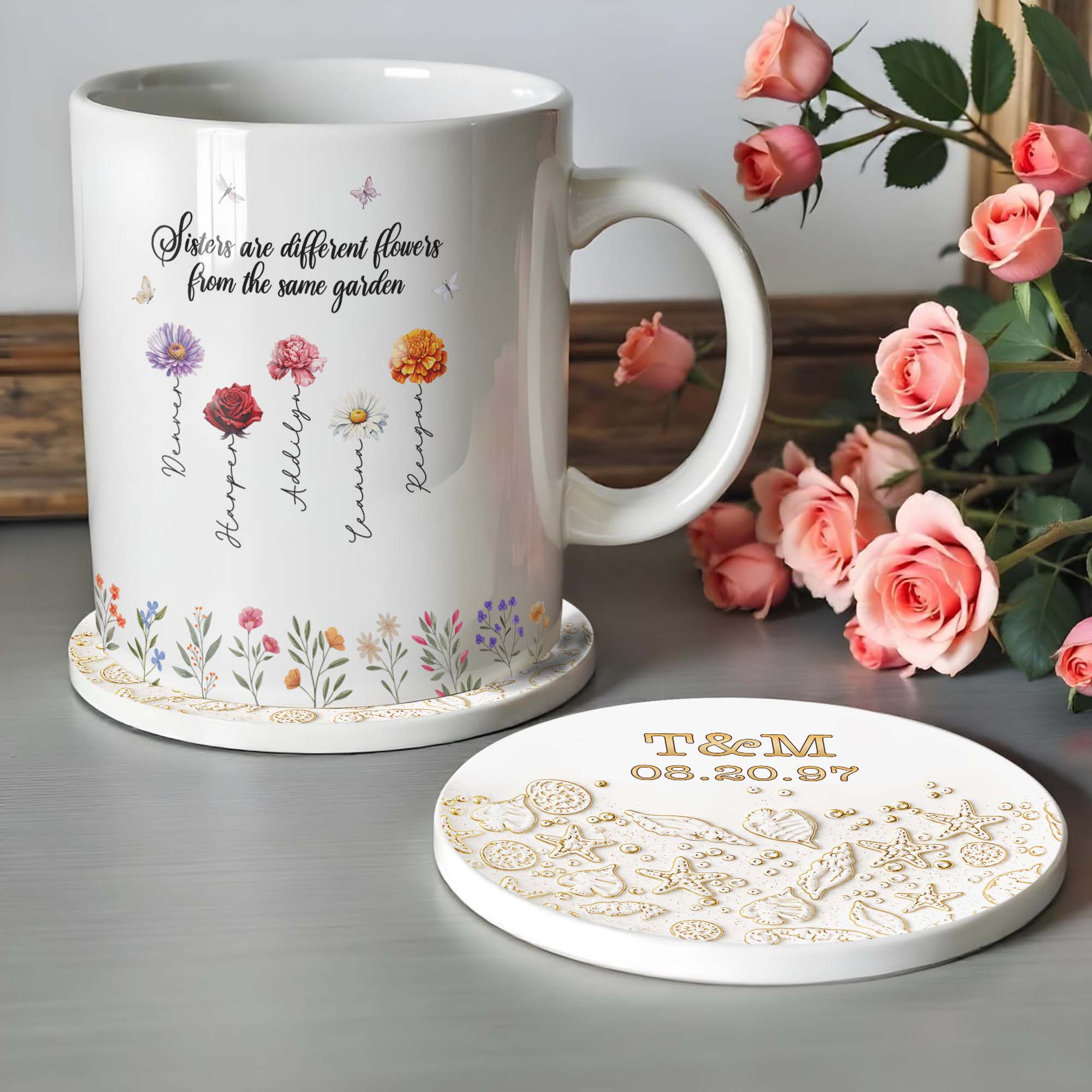 Personalized Beach Design Ceramic Coaster Custom Date Gift for Couples