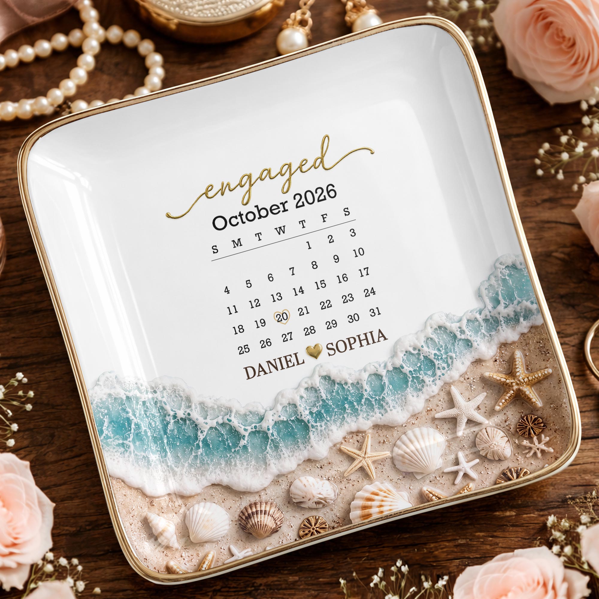 Personalized Engaged Calendar Jewelry Dish Ceramic Gift