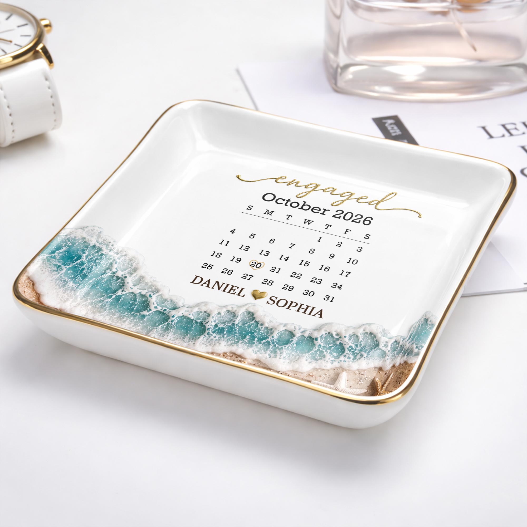 Personalized Engaged Calendar Jewelry Dish Ceramic Gift