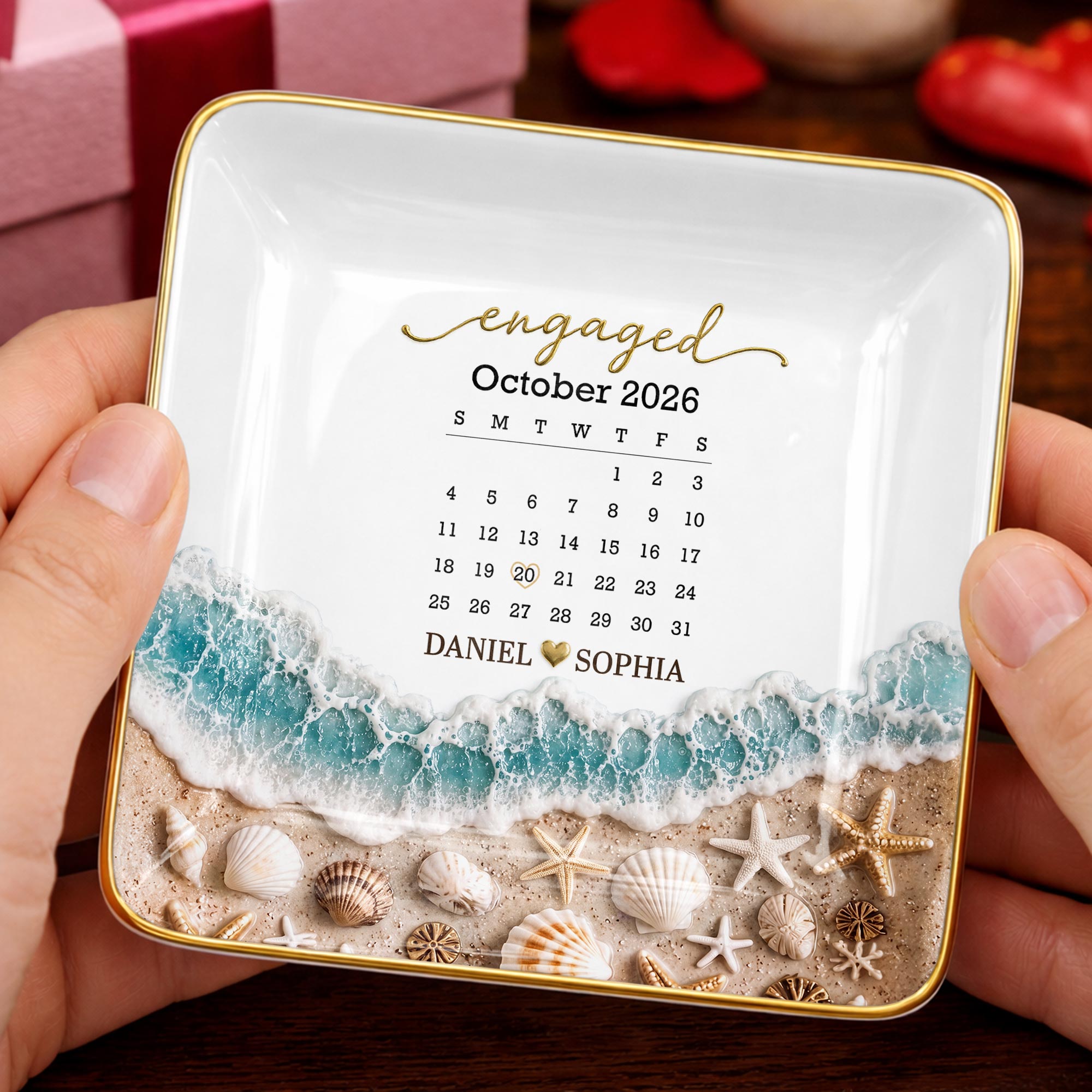 Personalized Engaged Calendar Jewelry Dish Ceramic Gift