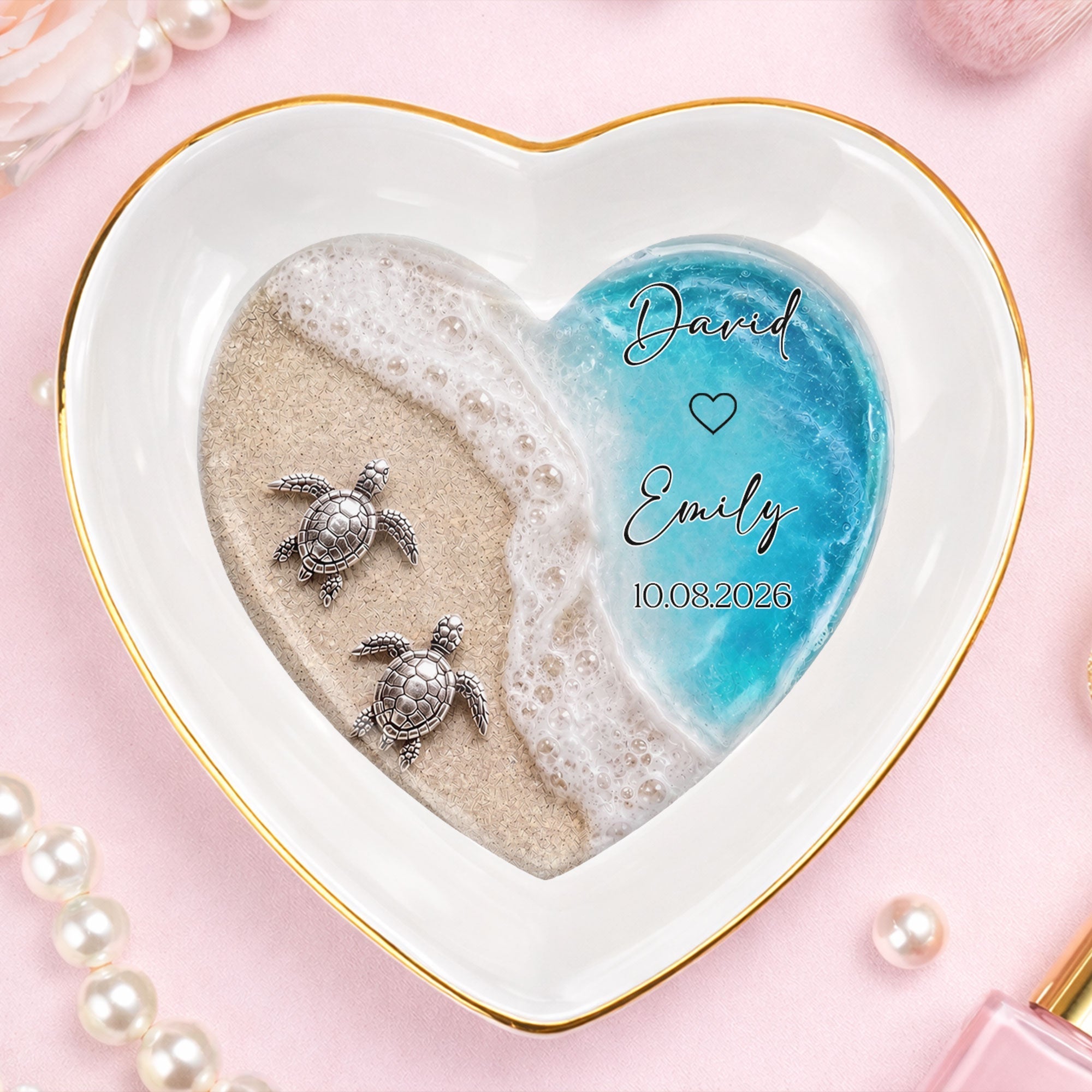 Personalized Heart-Shaped Jewelry Dish Custom Name Ocean Design Gift for Couples