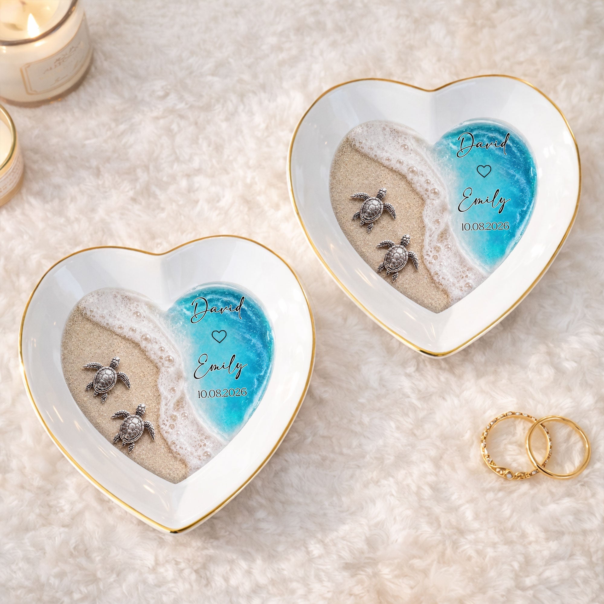 Personalized Heart-Shaped Jewelry Dish Custom Name Ocean Design Gift for Couples