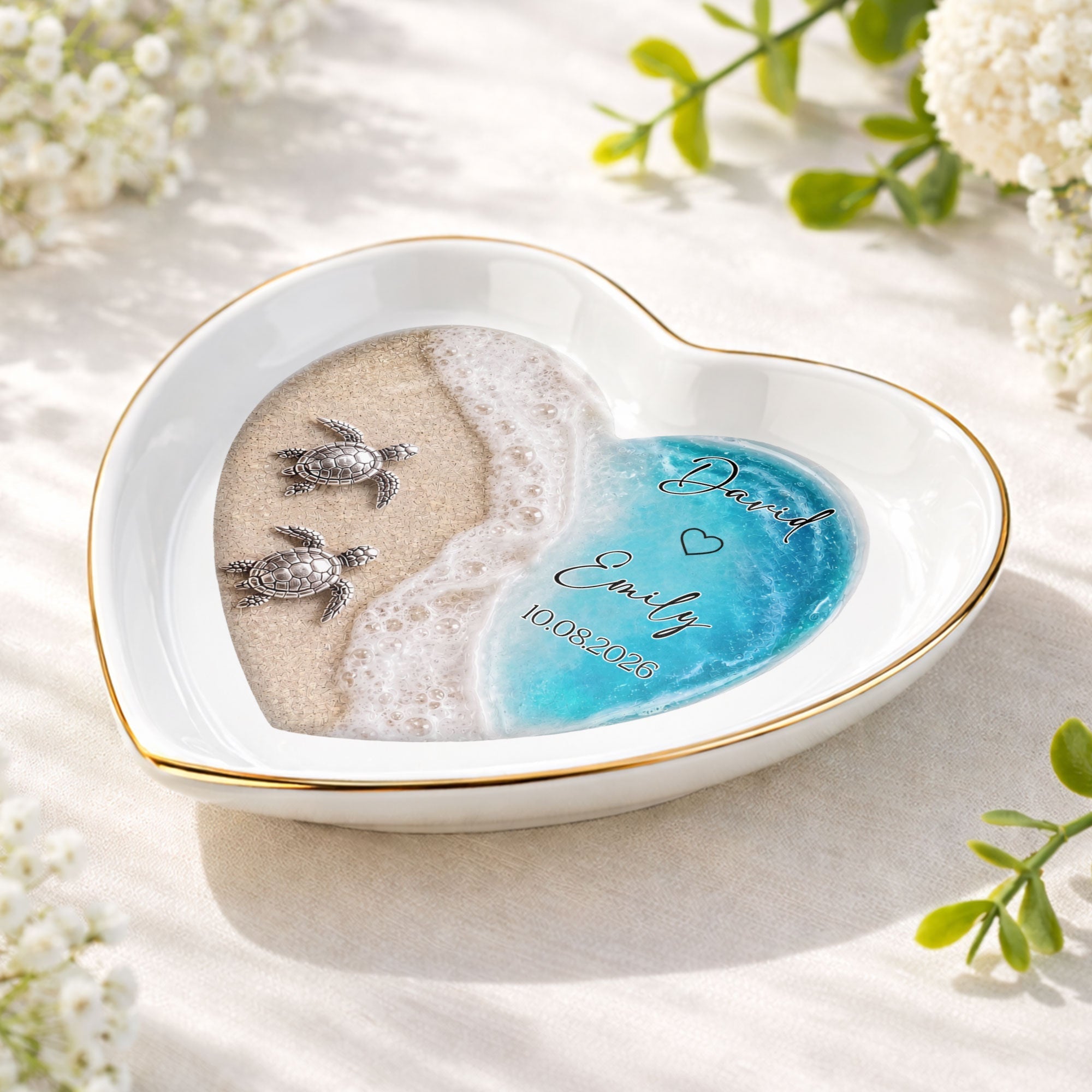 Personalized Heart-Shaped Jewelry Dish Custom Name Ocean Design Gift for Couples
