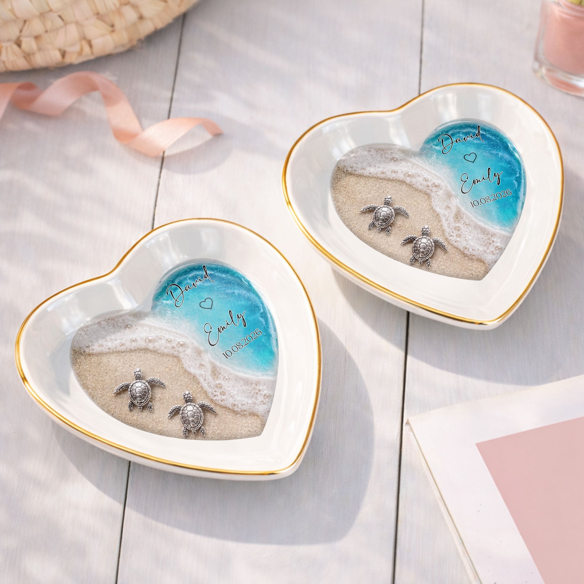 Personalized Heart-Shaped Jewelry Dish Custom Name Ocean Design Gift for Couples