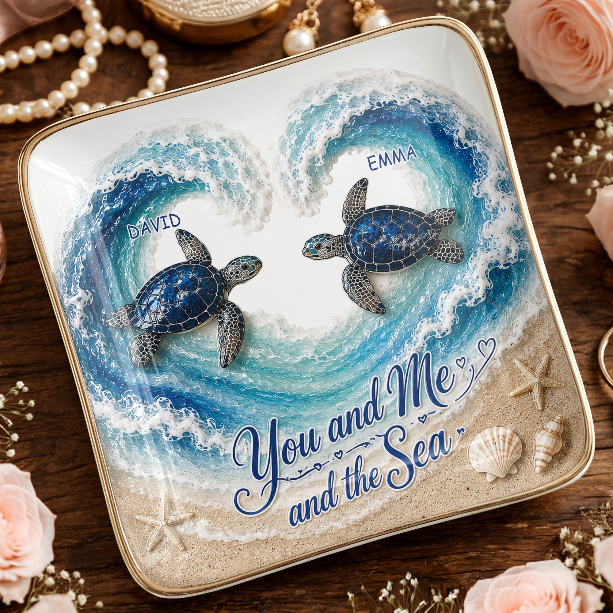 Personalized Ceramic Jewelry Dish Custom Turtles Heart Ocean Gift for Couples