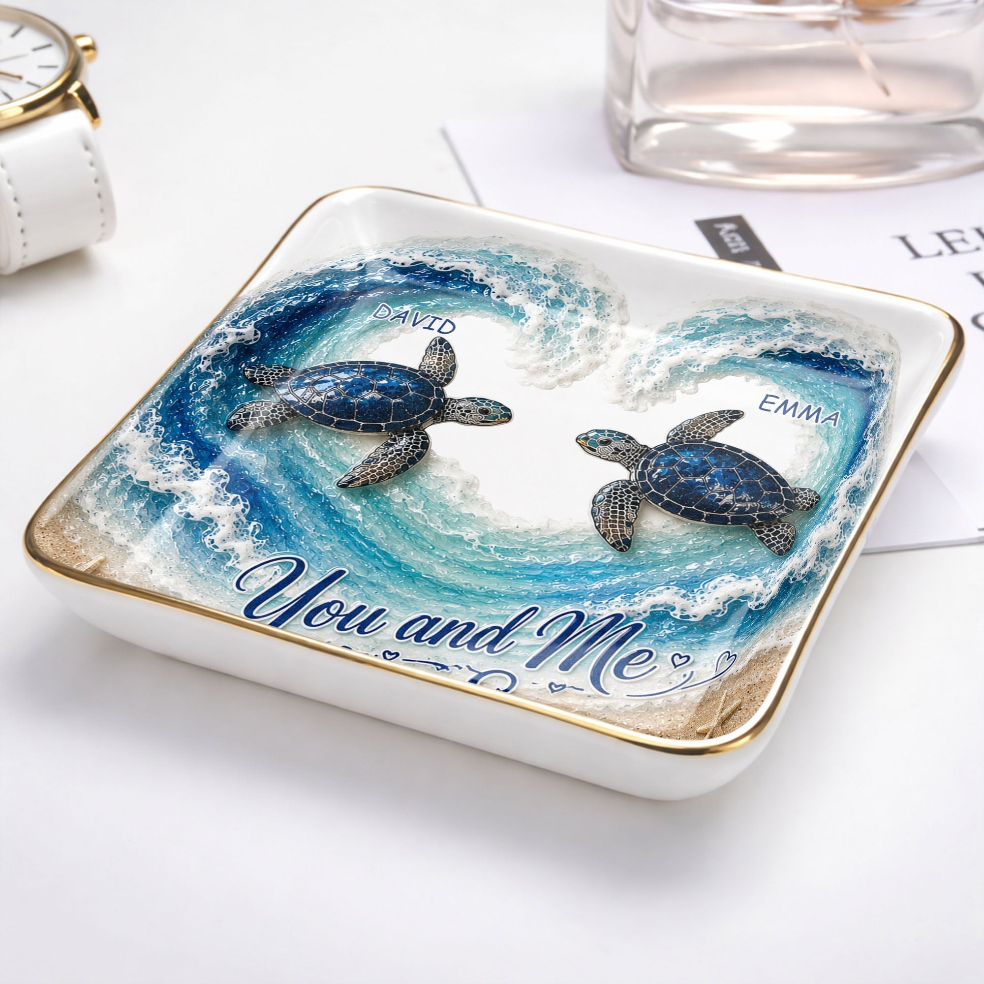 Personalized Ceramic Jewelry Dish Custom Turtles Heart Ocean Gift for Couples