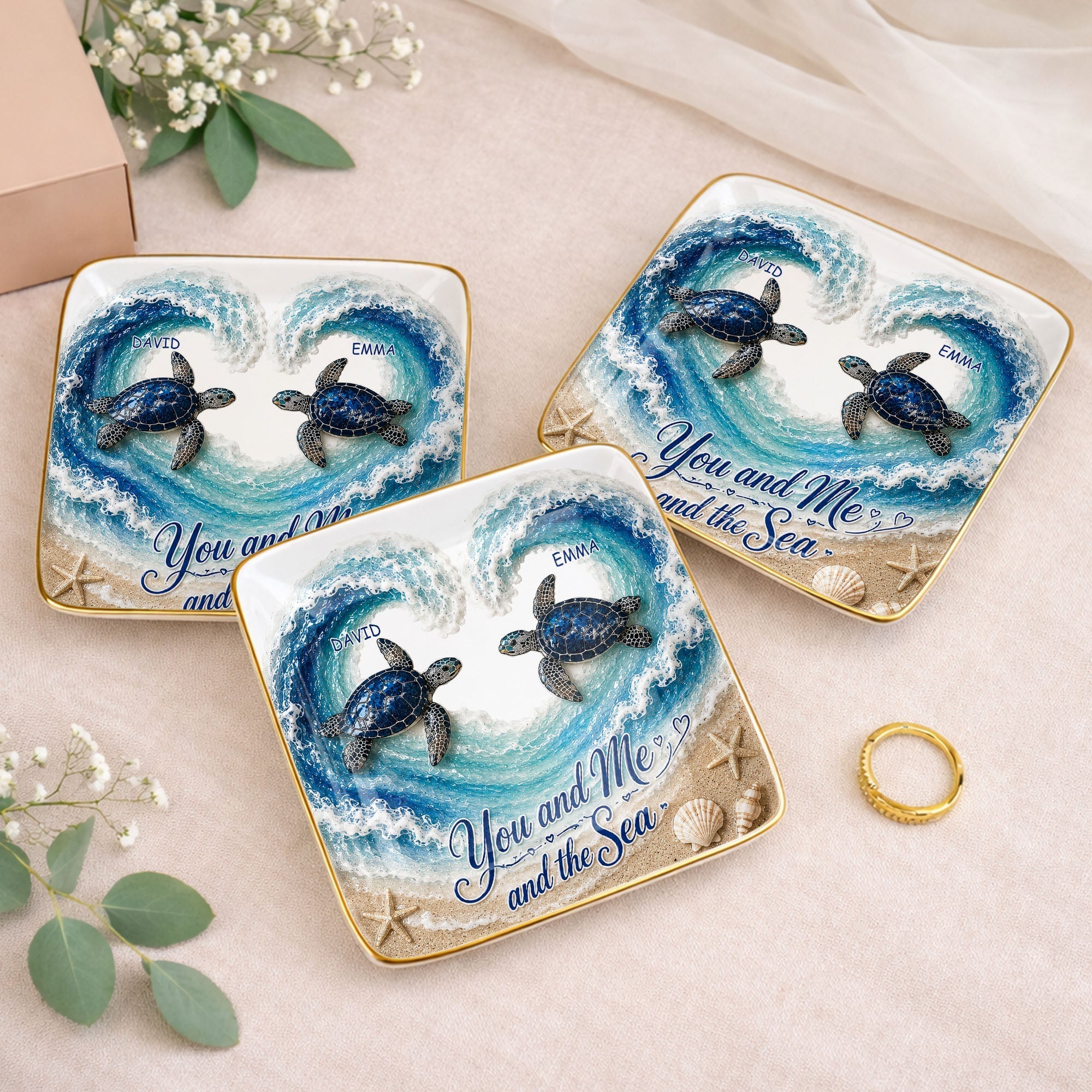 Personalized Ceramic Jewelry Dish Custom Turtles Heart Ocean Gift for Couples