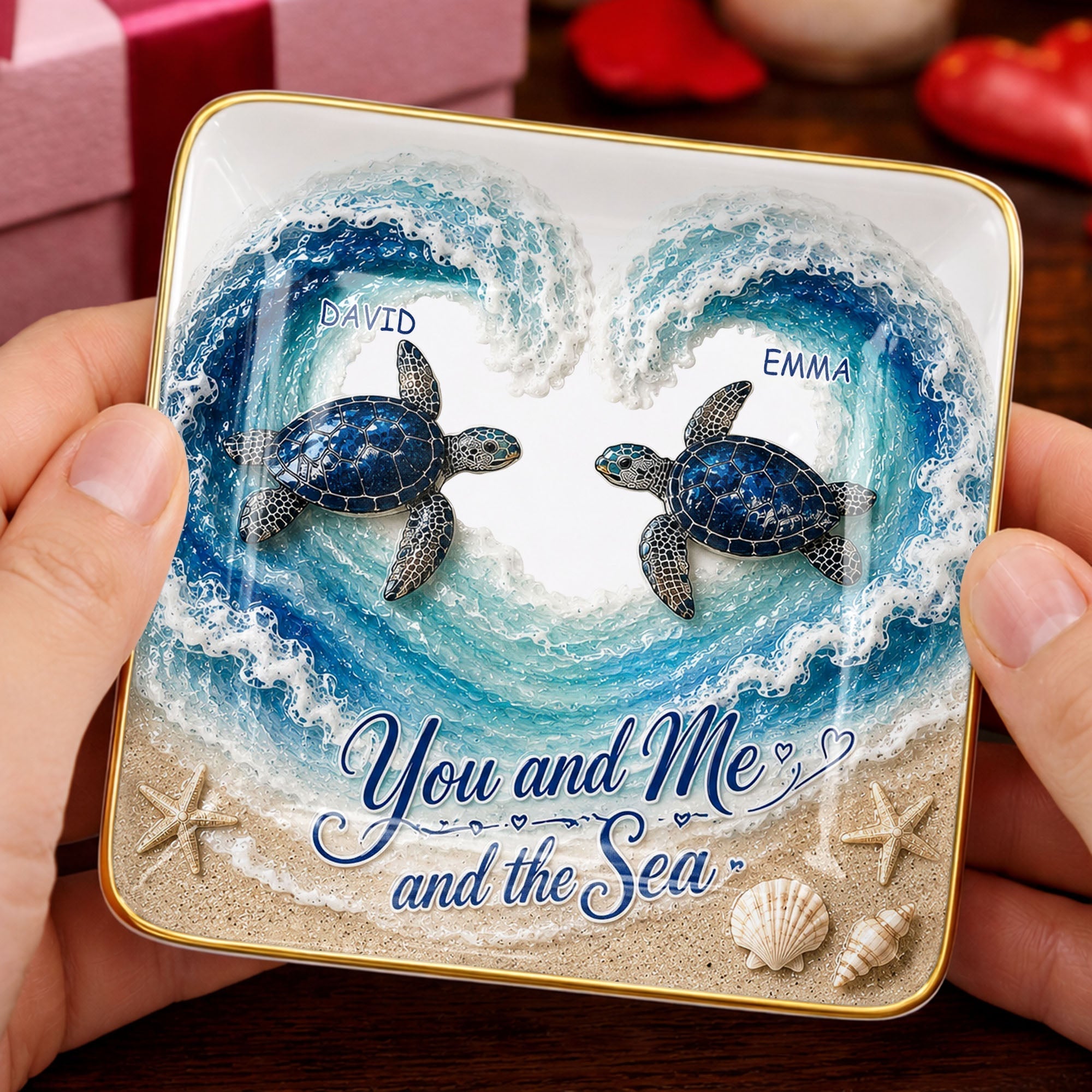 Personalized Ceramic Jewelry Dish Custom Turtles Heart Ocean Gift for Couples
