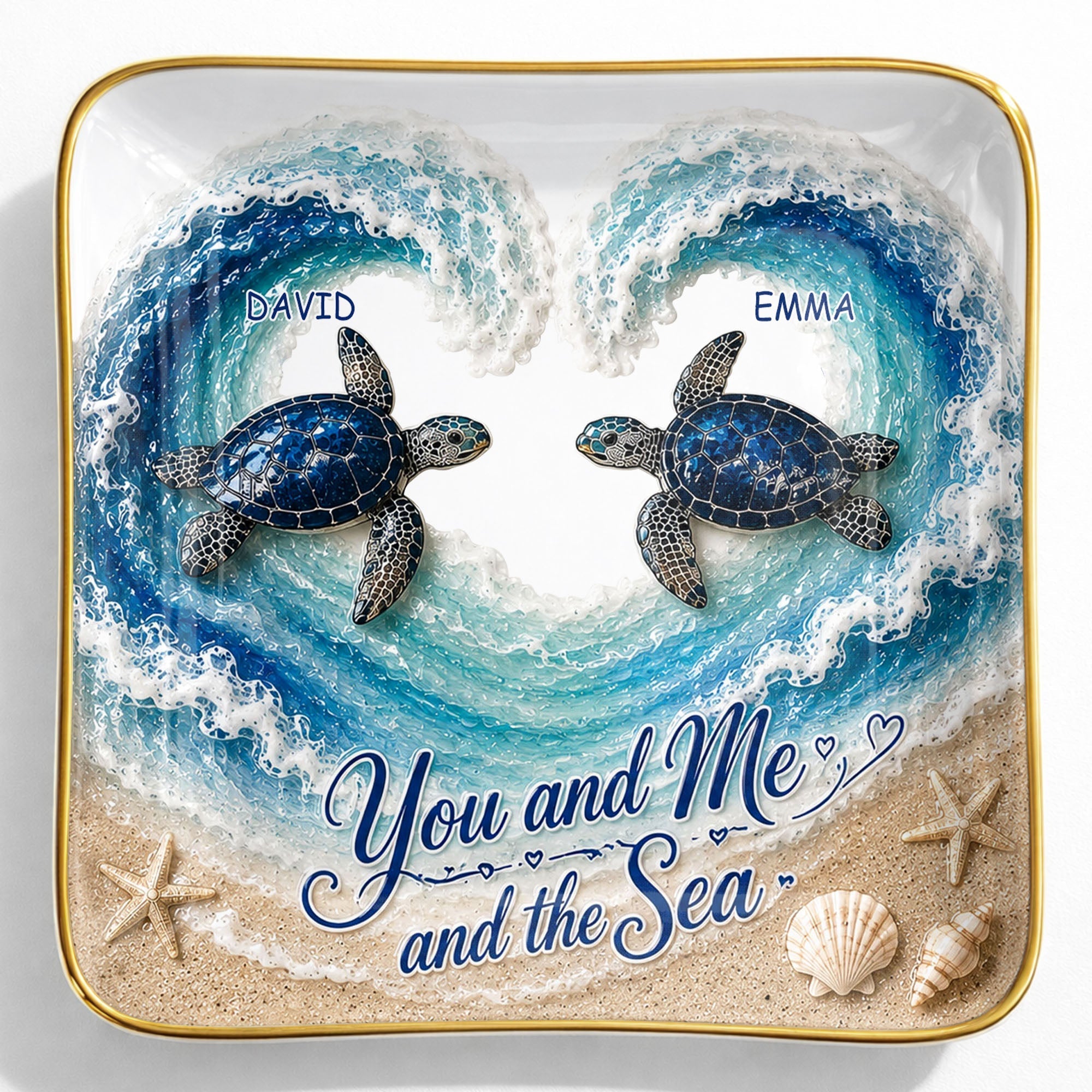 Personalized Ceramic Jewelry Dish Custom Turtles Heart Ocean Gift for Couples