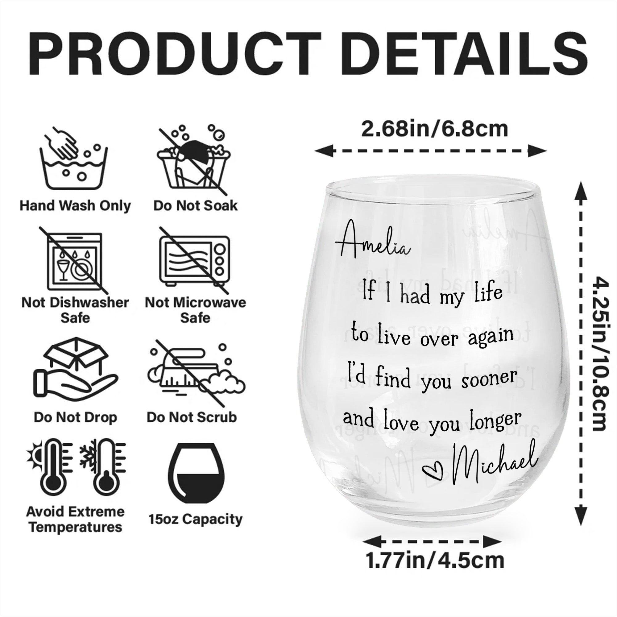 Personalized Stemless Wine Glass Custom Name Gift for Couples