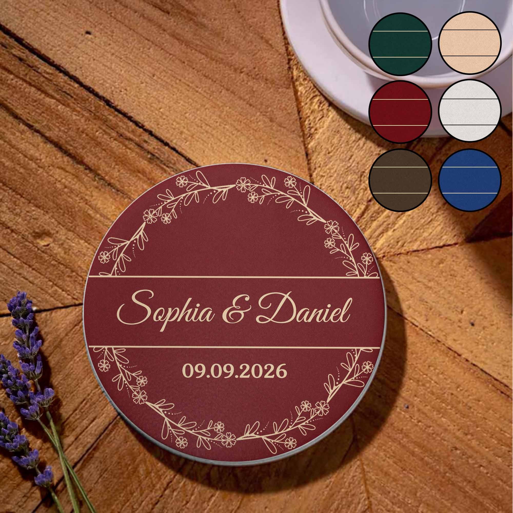 Personalized Floral Wreath Ceramic Coaster Custom Name & Date Gift