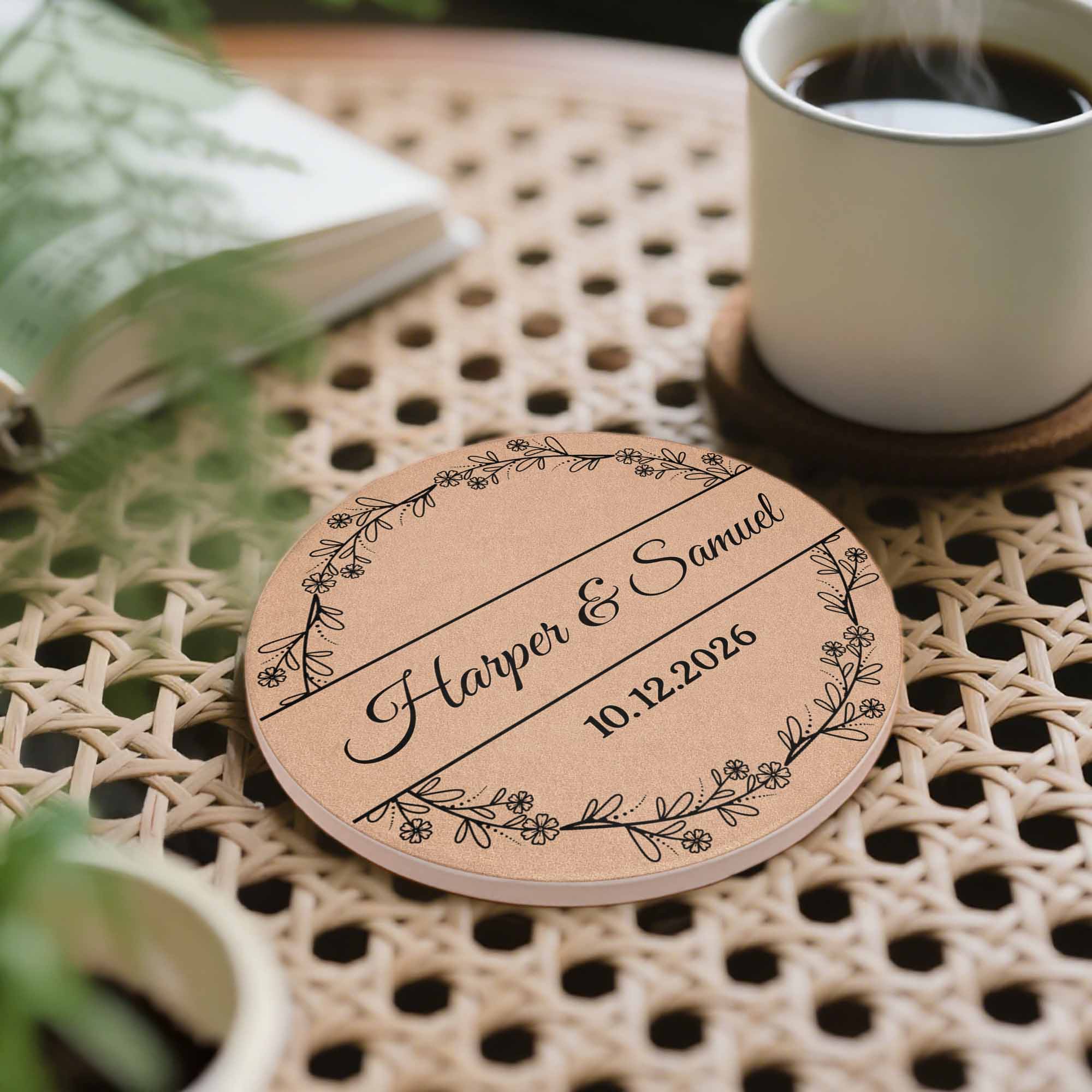 Personalized Floral Wreath Ceramic Coaster Custom Name & Date Gift