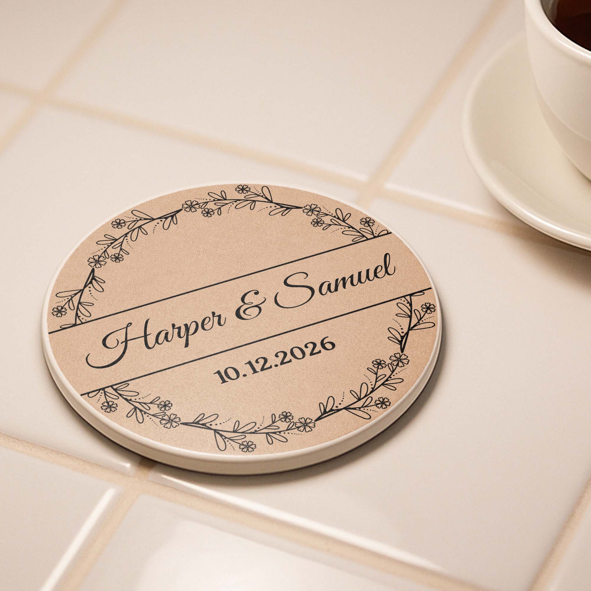 Personalized Floral Wreath Ceramic Coaster Custom Name & Date Gift