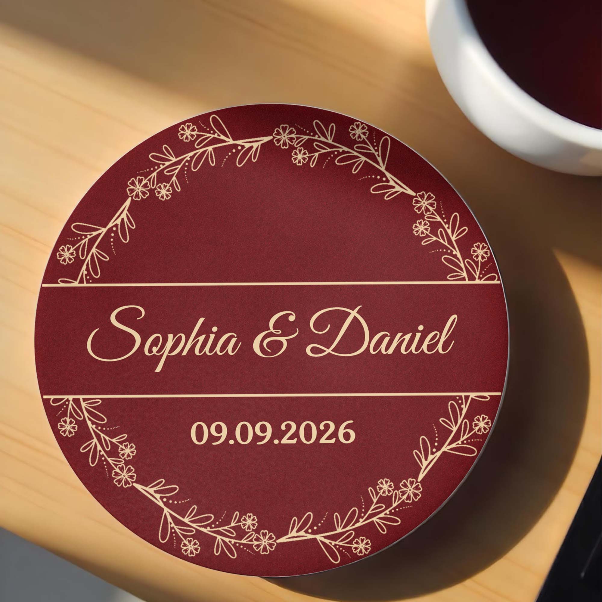 Personalized Floral Wreath Ceramic Coaster Custom Name & Date Gift