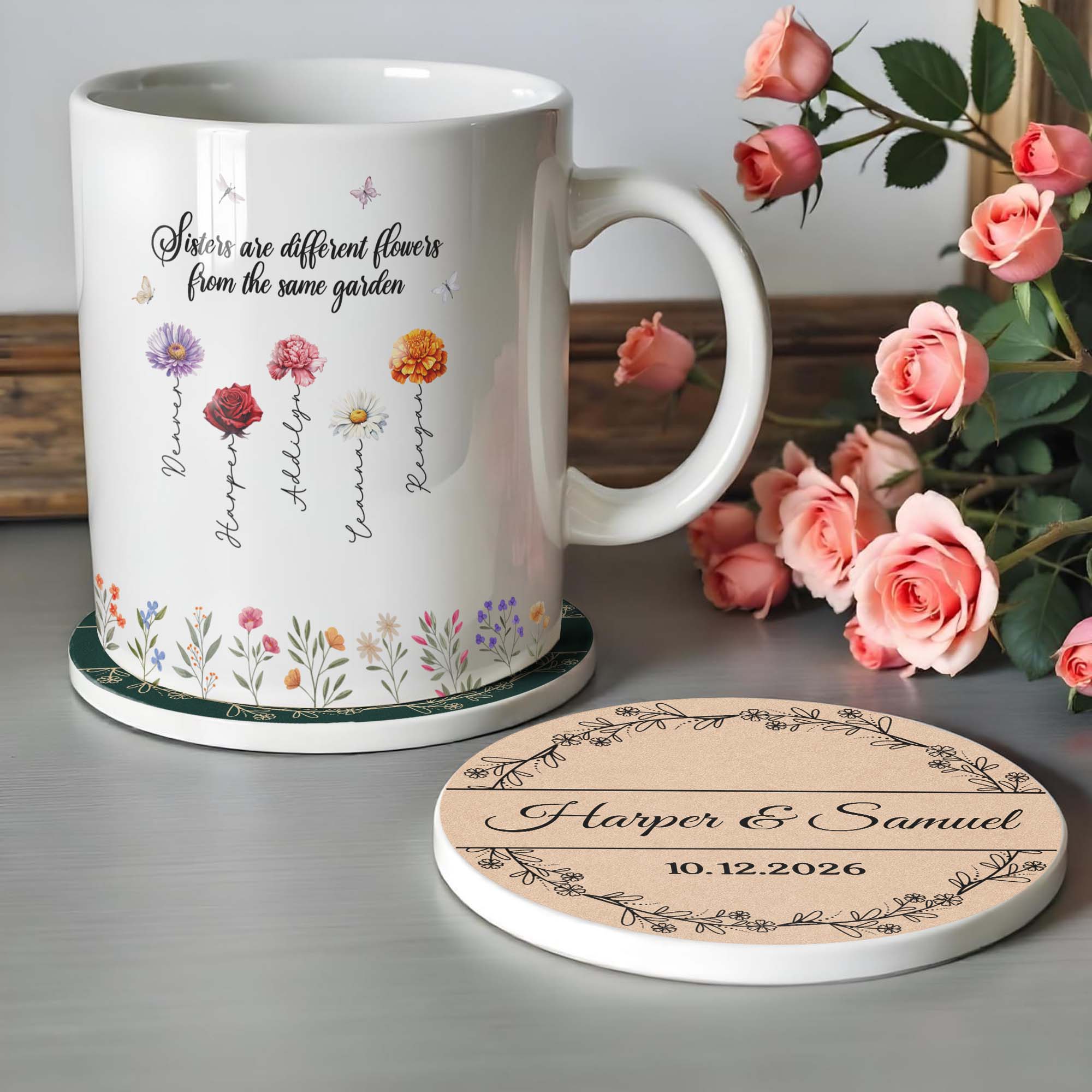 Personalized Floral Wreath Ceramic Coaster Custom Name & Date Gift