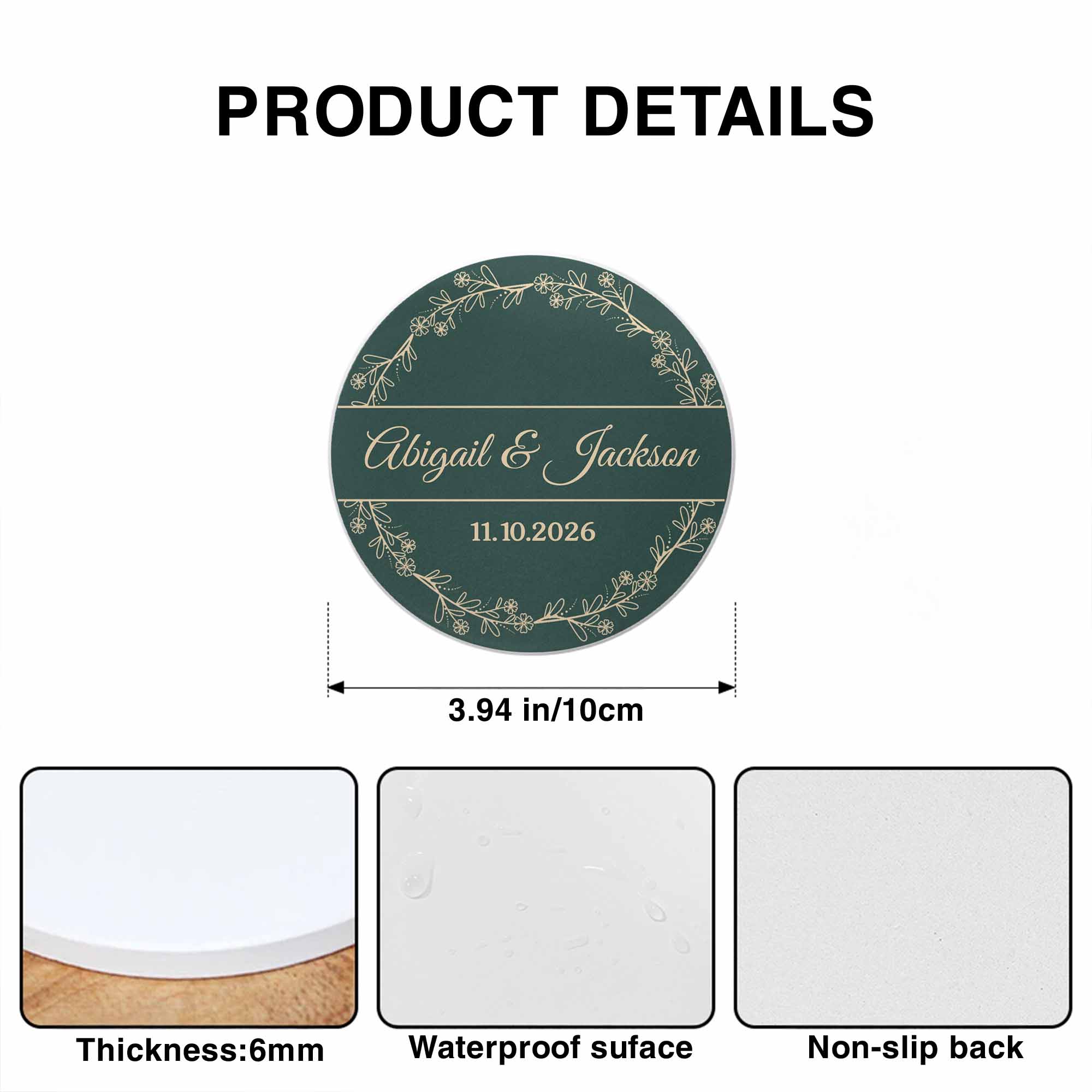 Personalized Floral Wreath Ceramic Coaster Custom Name & Date Gift