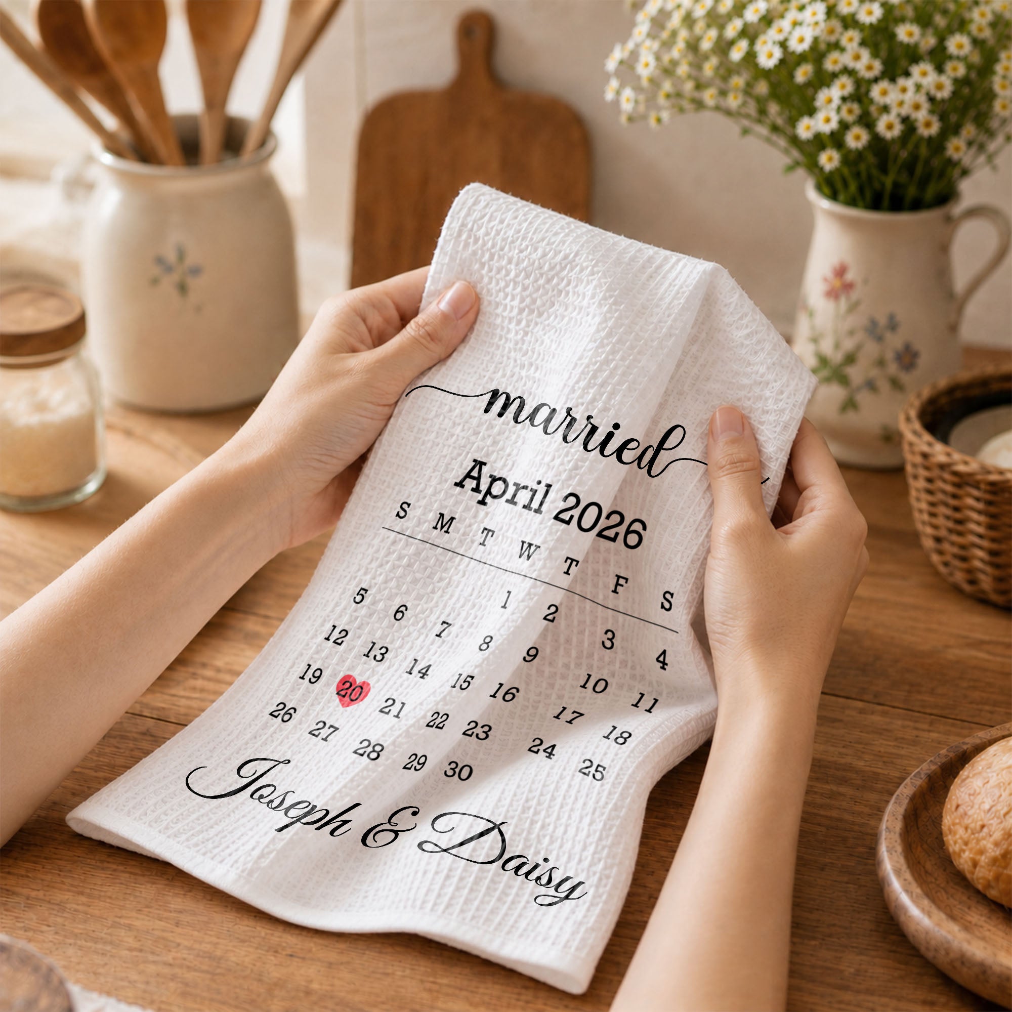 Personalized Kitchen Towel Custom Heart Date Design Gift for Couples