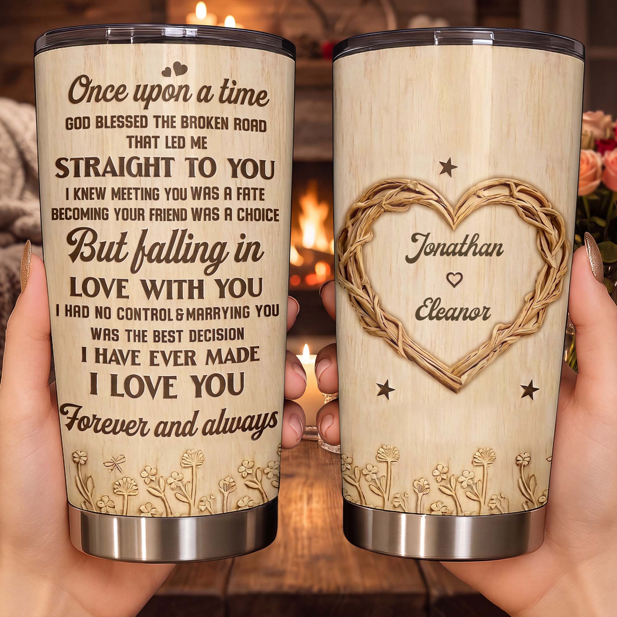 Personalized Stainless Steel Tumbler Custom Heart Design Gift for Couples