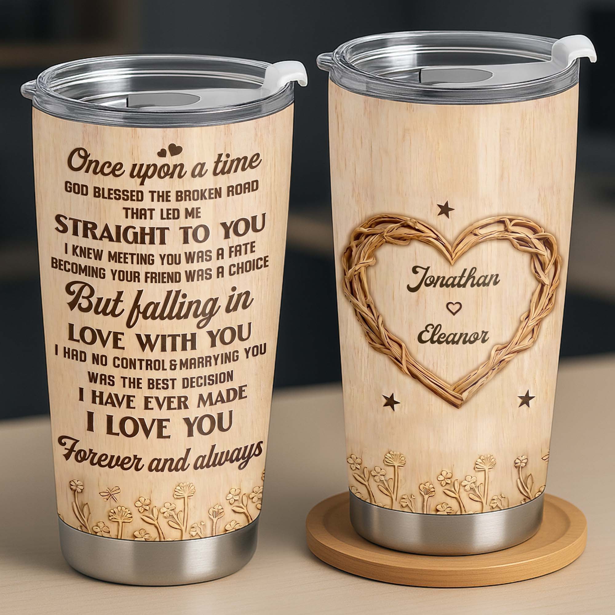 Personalized Stainless Steel Tumbler Custom Heart Design Gift for Couples