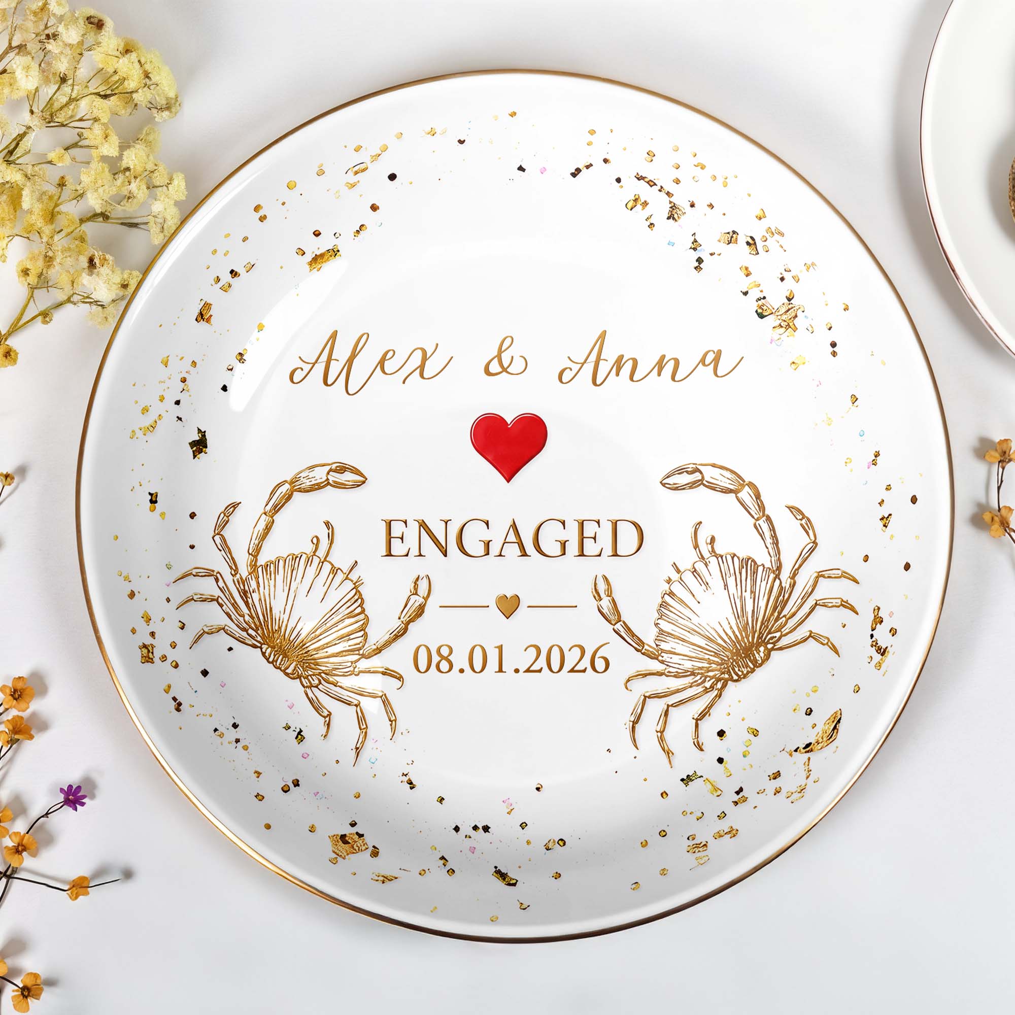 Personalized Ceramic Jewelry Dish with Heart Beach Crabs for Couples