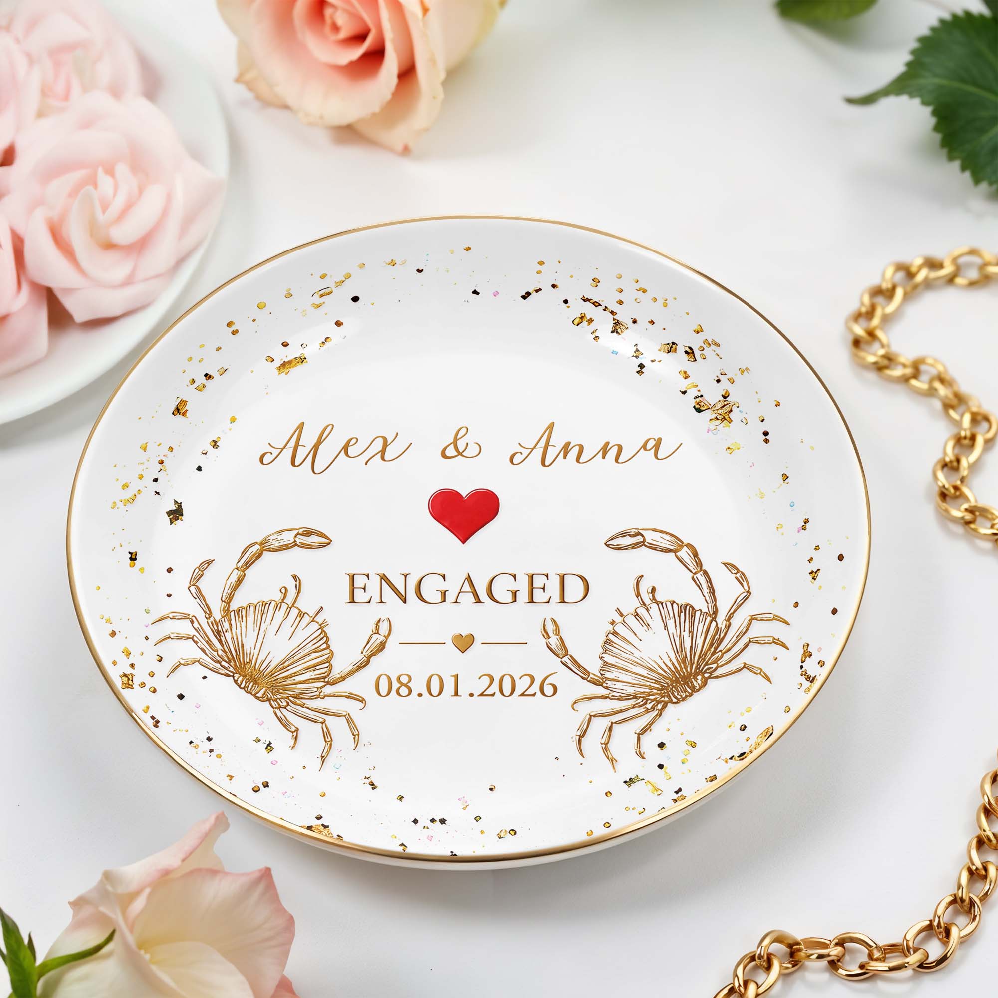 Personalized Ceramic Jewelry Dish with Heart Beach Crabs for Couples