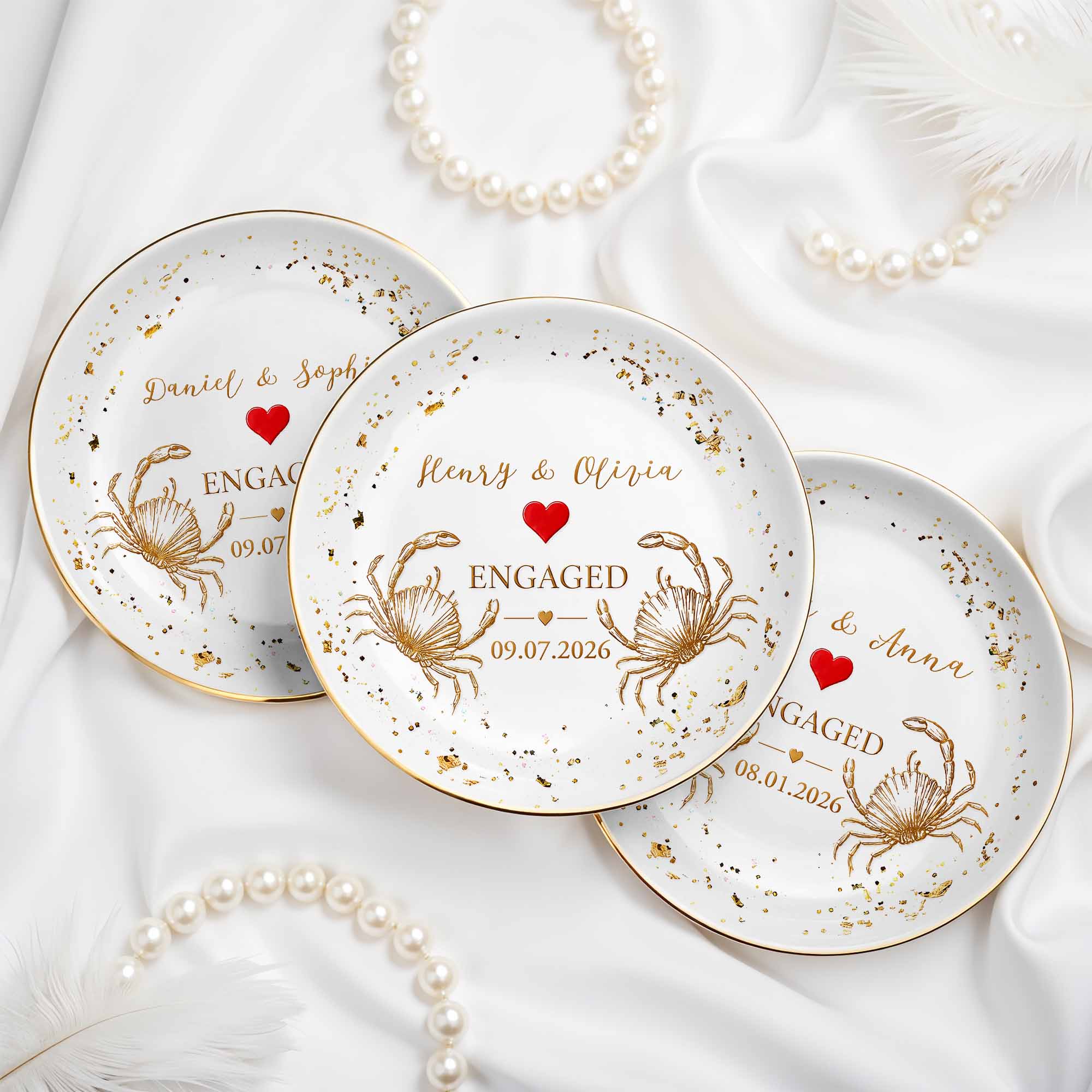Personalized Ceramic Jewelry Dish with Heart Beach Crabs for Couples