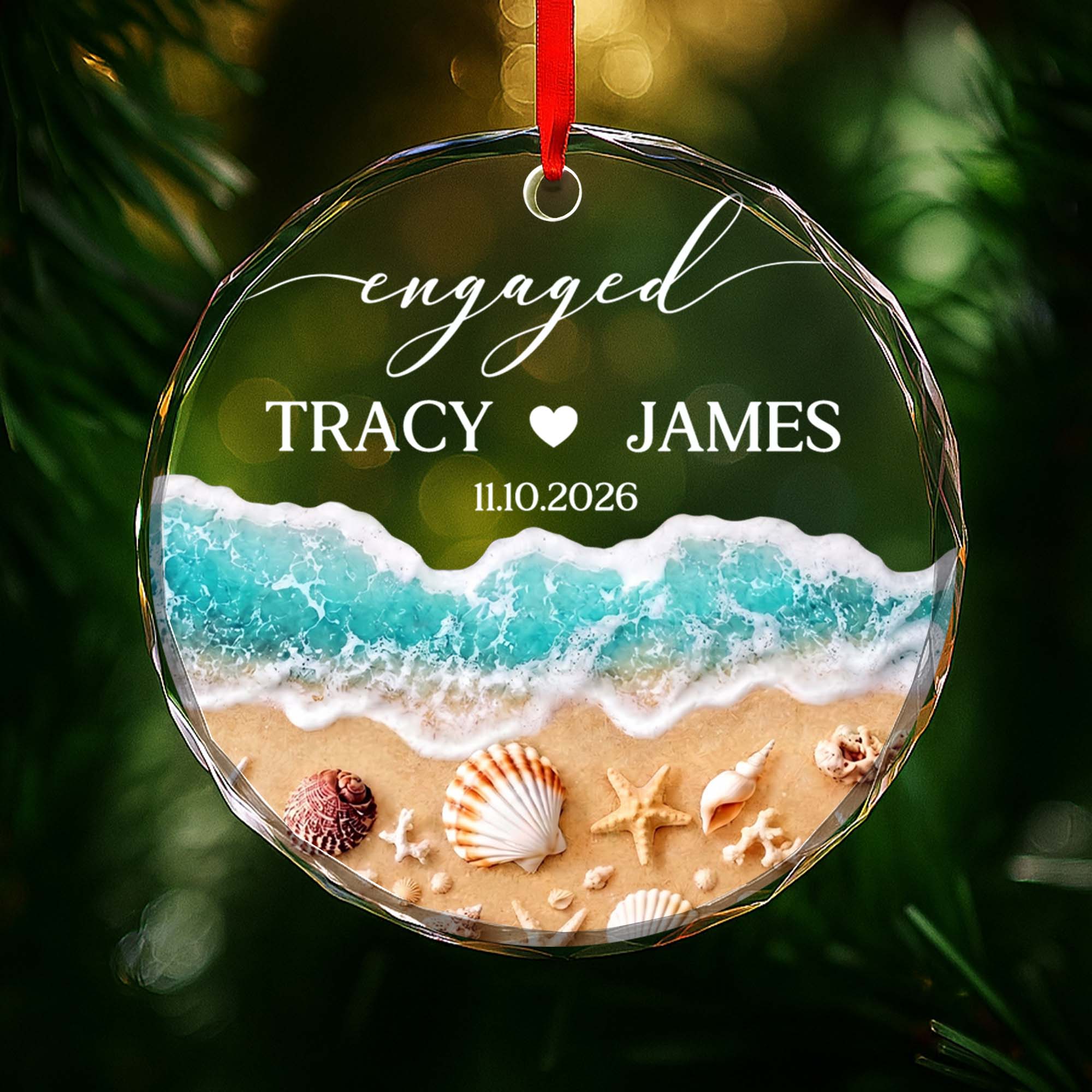 Personalized Beach-Themed Glass Circle Ornament for Couples Engagement Gift