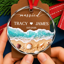 Load image into Gallery viewer, Personalized Beach-Themed Glass Circle Ornament for Couples Engagement Gift
