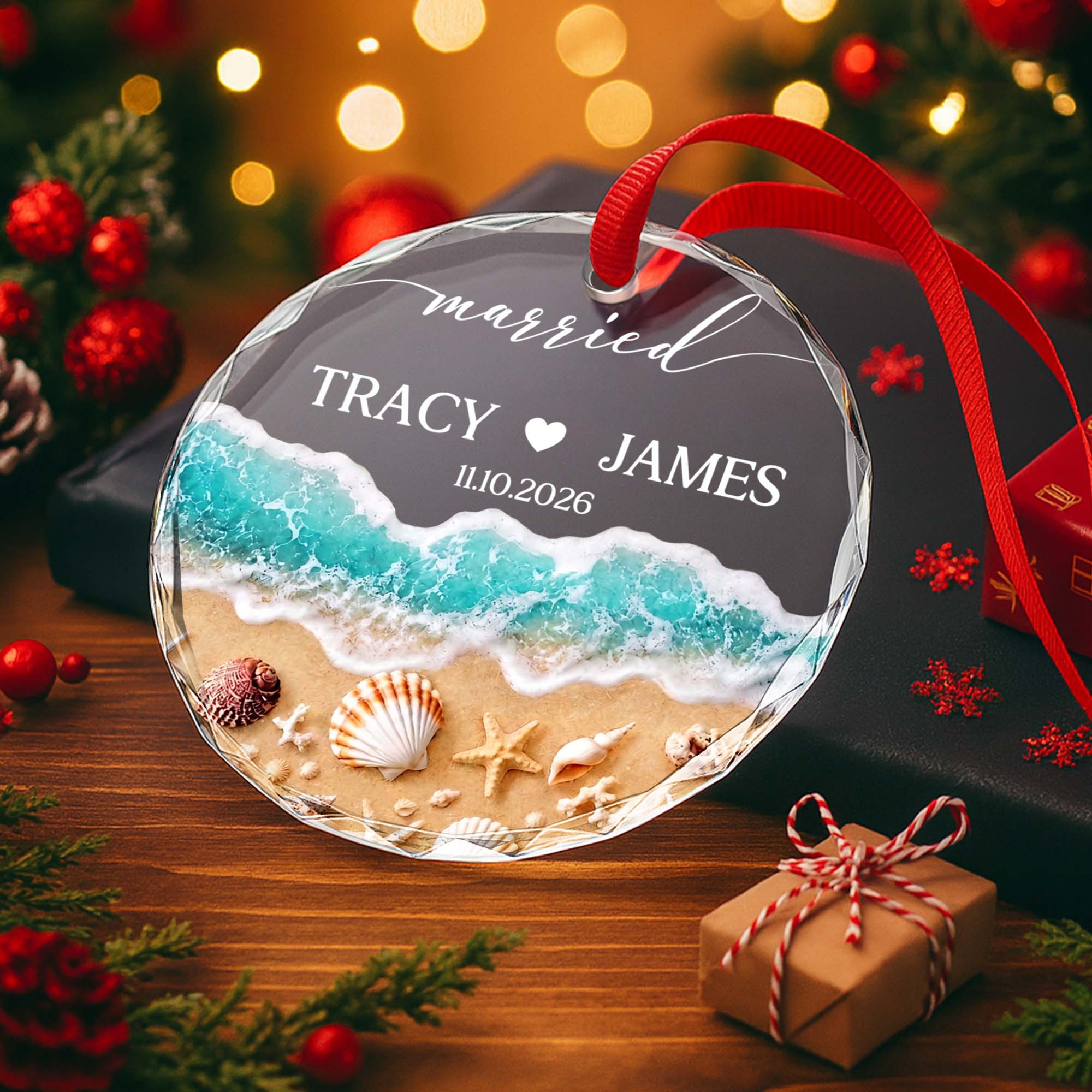 Personalized Beach-Themed Glass Circle Ornament for Couples Engagement Gift