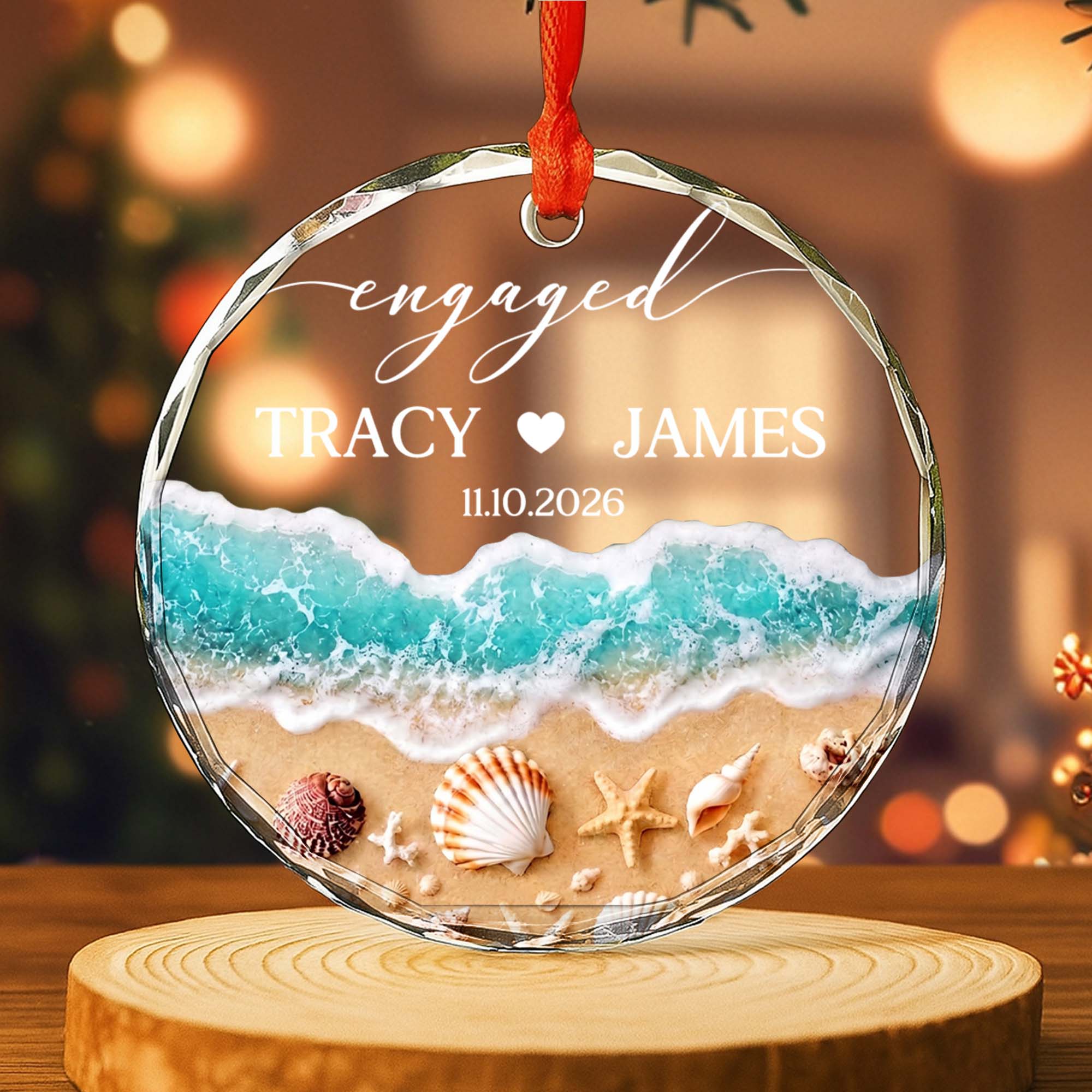 Personalized Beach-Themed Glass Circle Ornament for Couples Engagement Gift