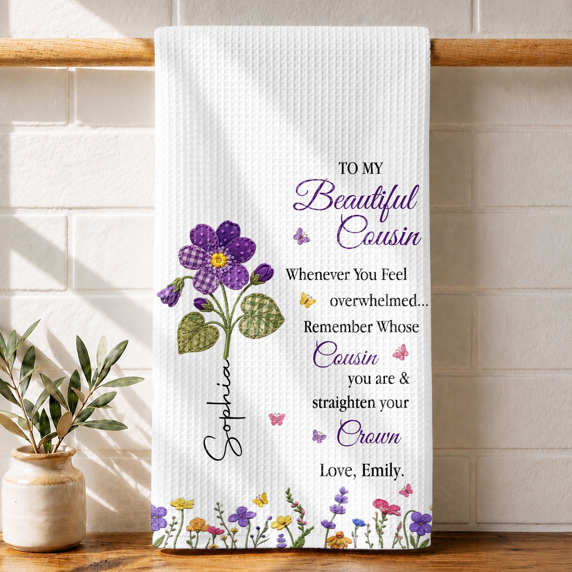 Personalized Kitchen Towel Gift for Cousin with Floral Design