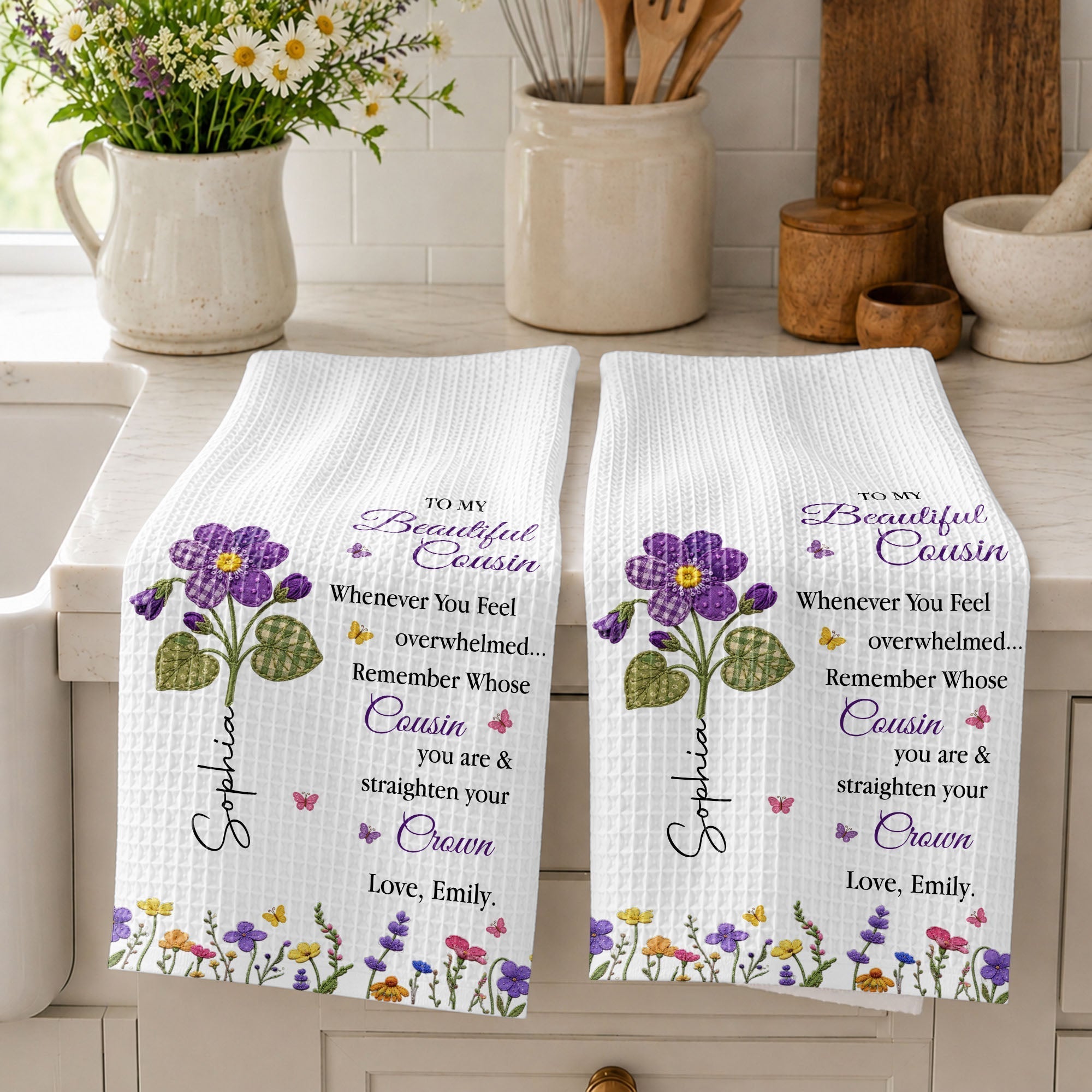 Personalized Kitchen Towel Gift for Cousin with Floral Design