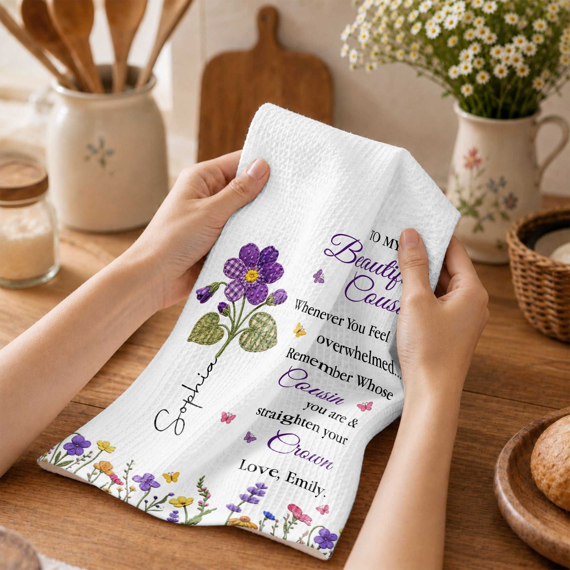 Personalized Kitchen Towel Gift for Cousin with Floral Design
