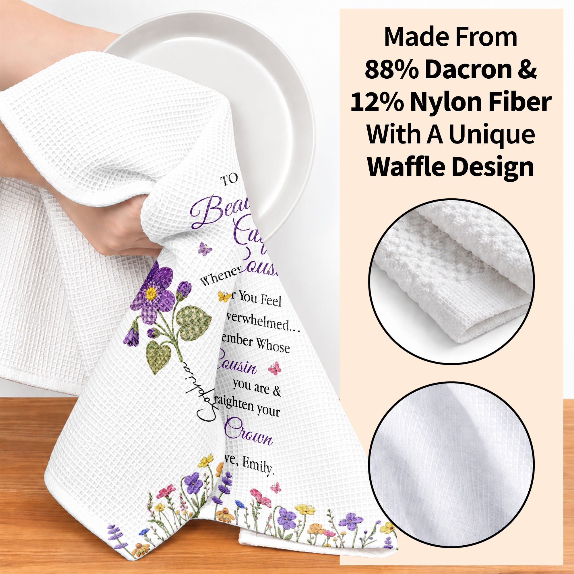 Personalized Kitchen Towel Gift for Cousin with Floral Design