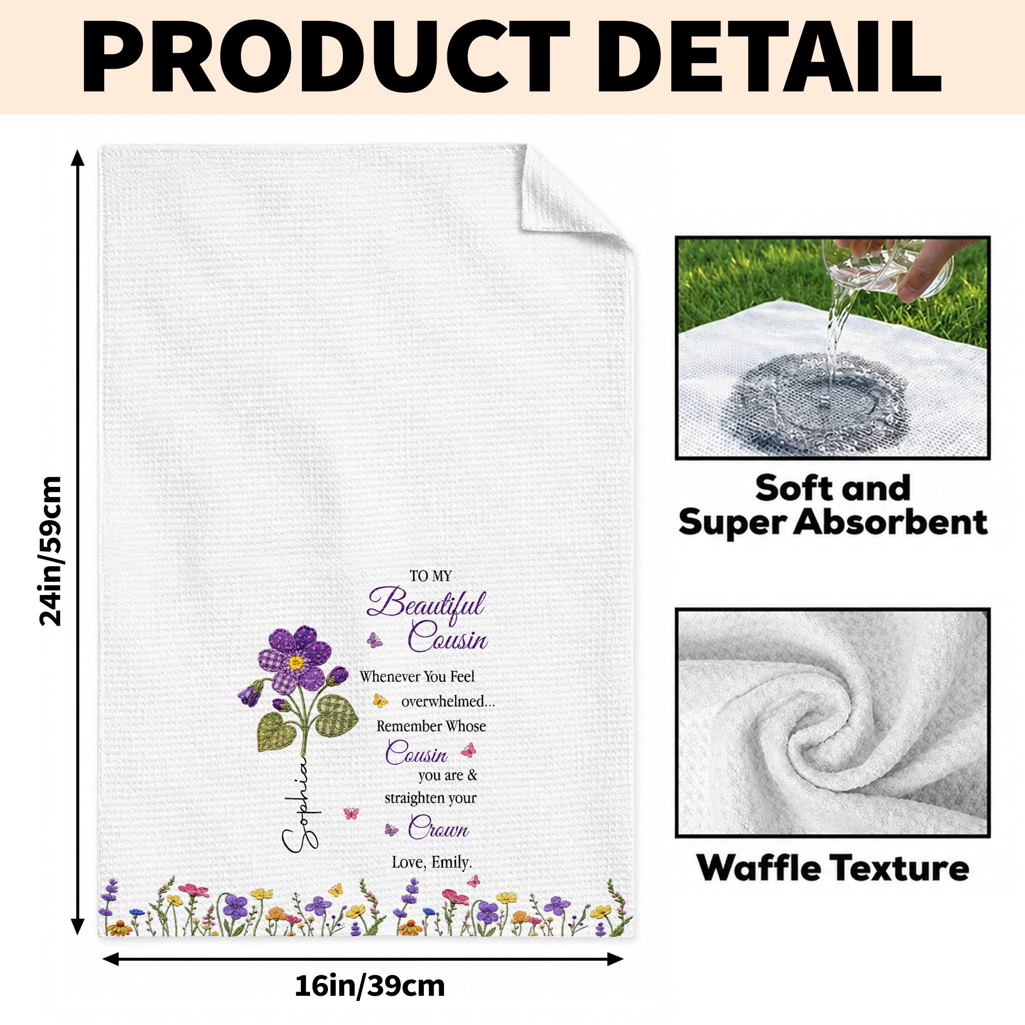 Personalized Kitchen Towel Gift for Cousin with Floral Design