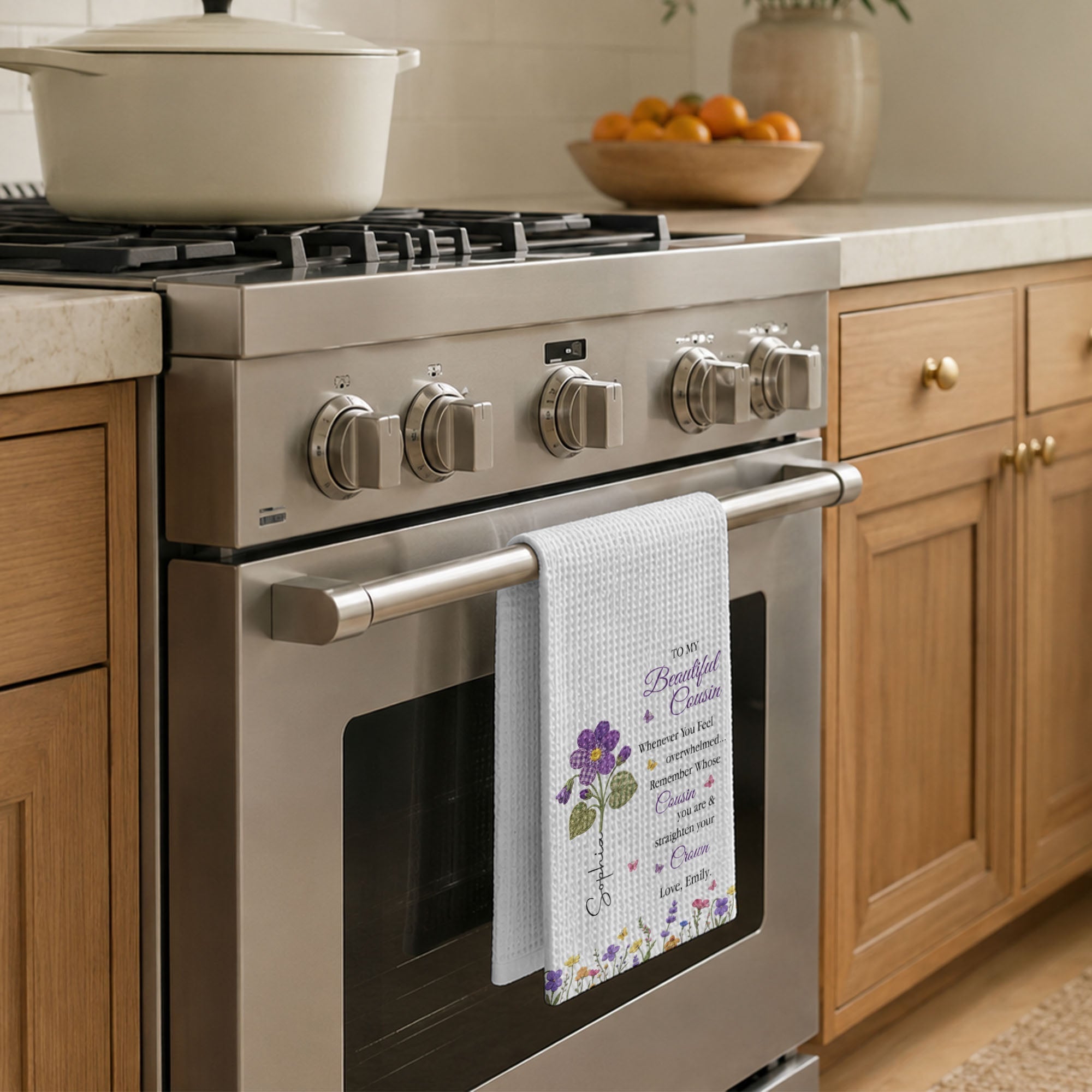 Personalized Kitchen Towel Gift for Cousin with Floral Design