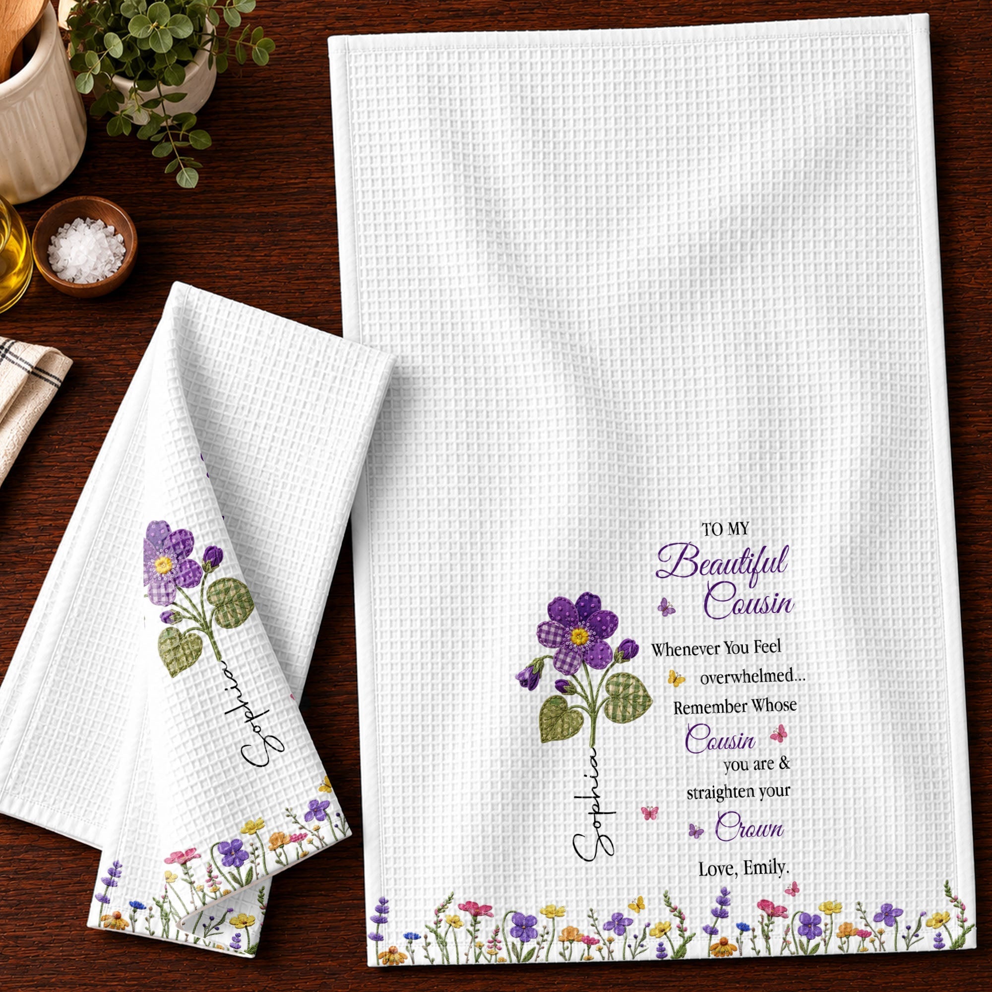 Personalized Kitchen Towel Gift for Cousin with Floral Design