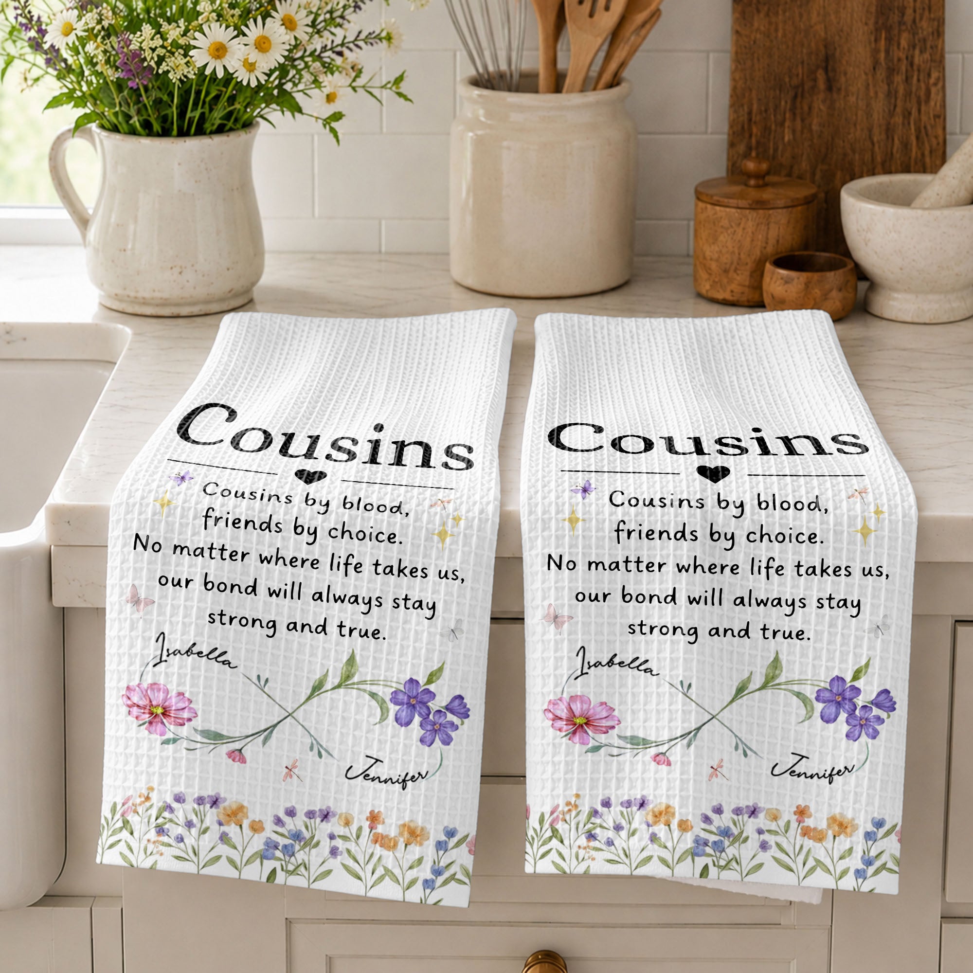 Personalized Kitchen Towel Custom Birth Month Flowers Gift for Cousin