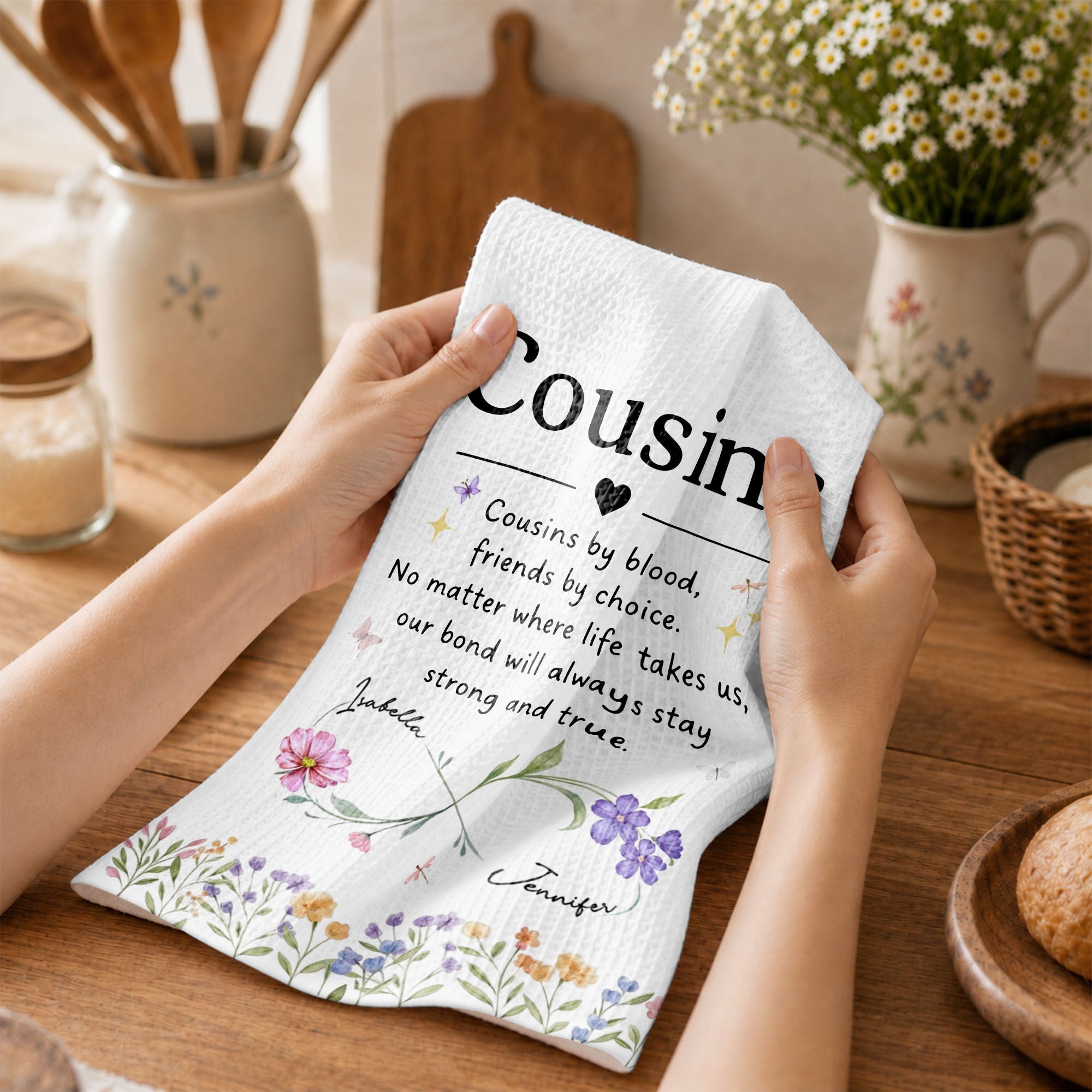 Personalized Kitchen Towel Custom Birth Month Flowers Gift for Cousin
