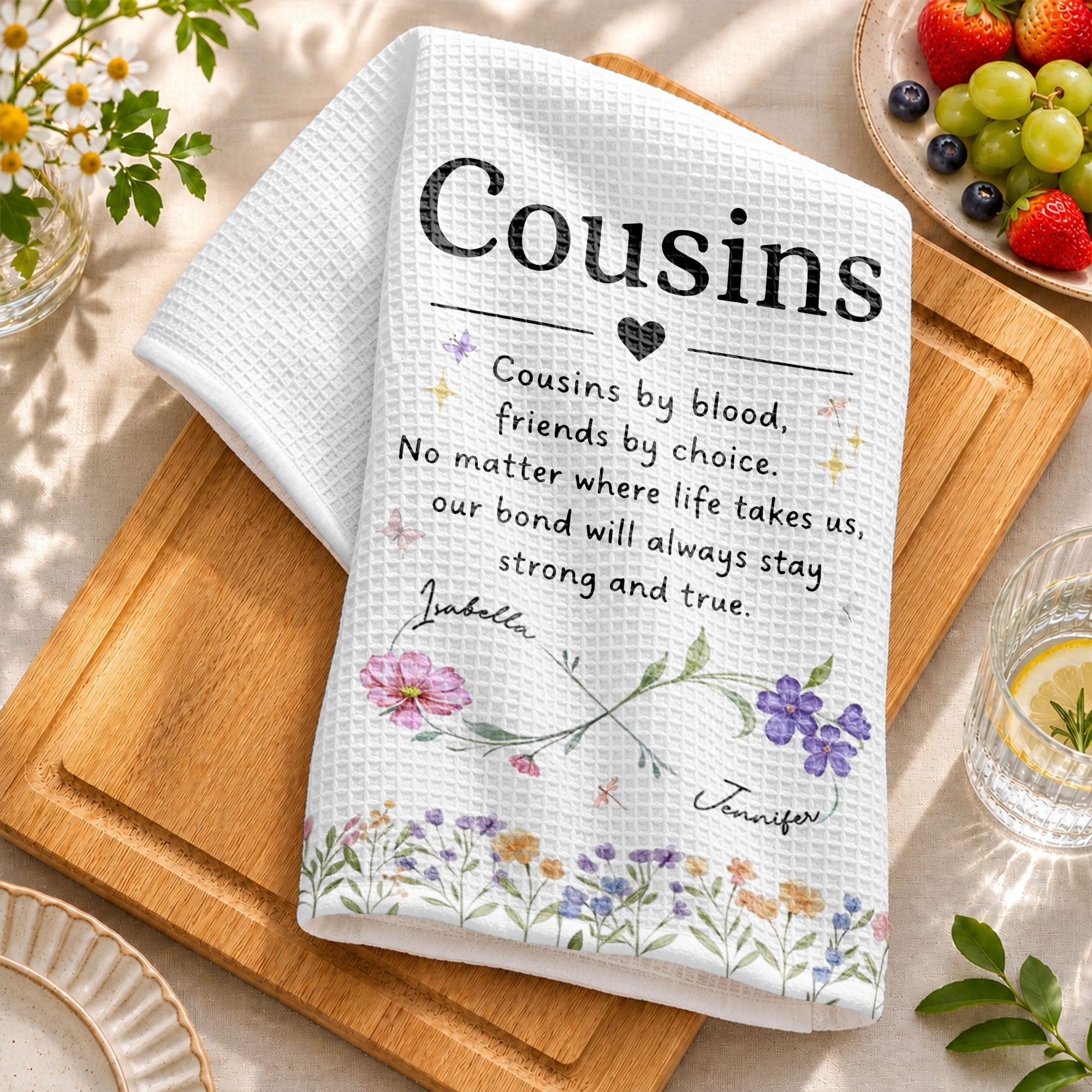Personalized Kitchen Towel Custom Birth Month Flowers Gift for Cousin