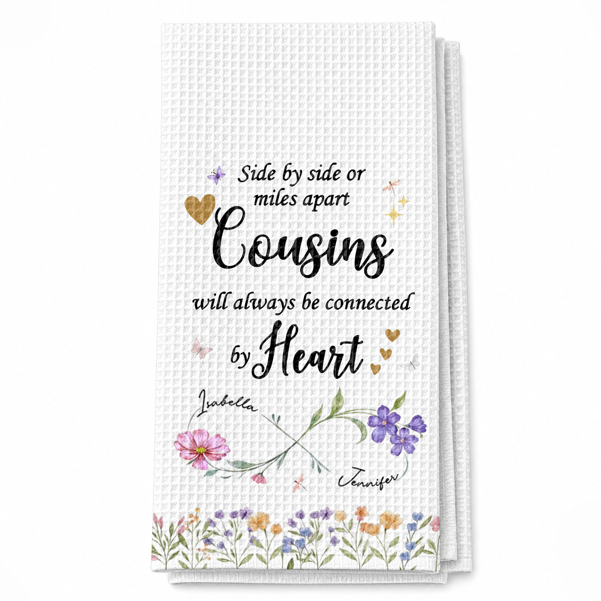 Personalized Kitchen Towel with Birth Month Flowers for Cousins