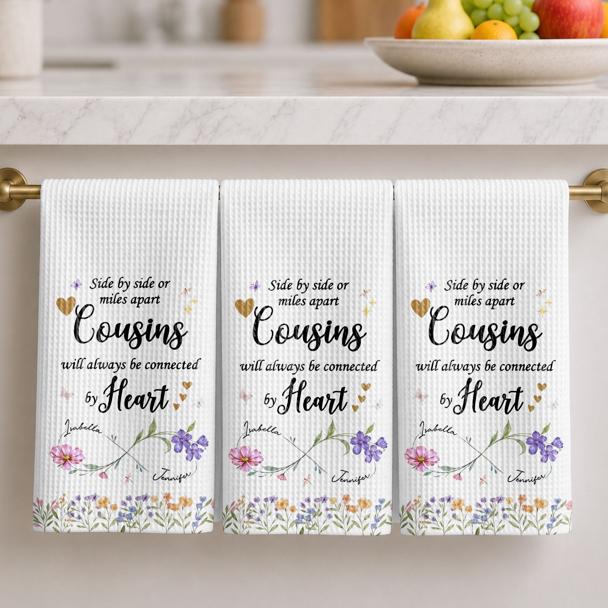 Personalized Kitchen Towel with Birth Month Flowers for Cousins