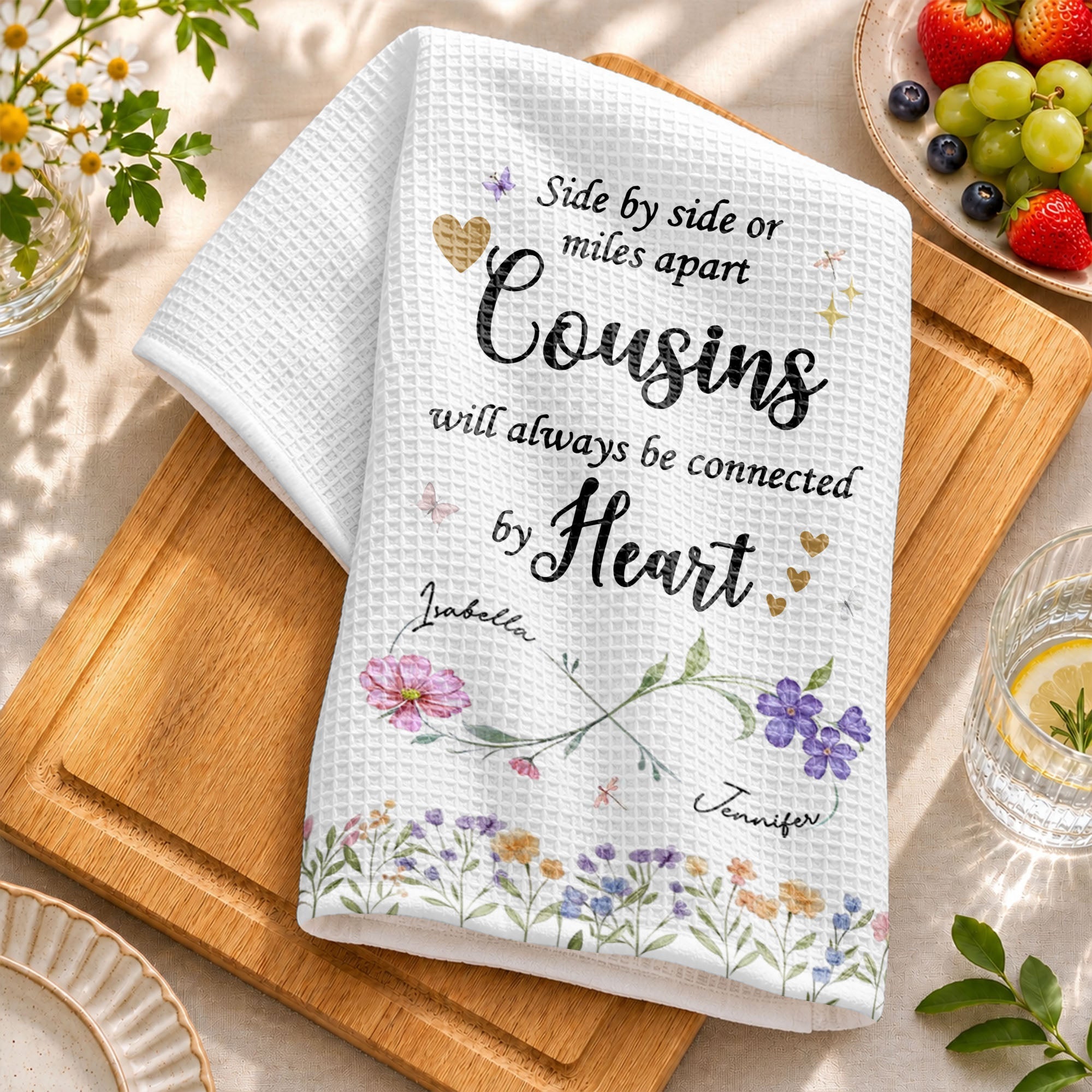Personalized Kitchen Towel with Birth Month Flowers for Cousins