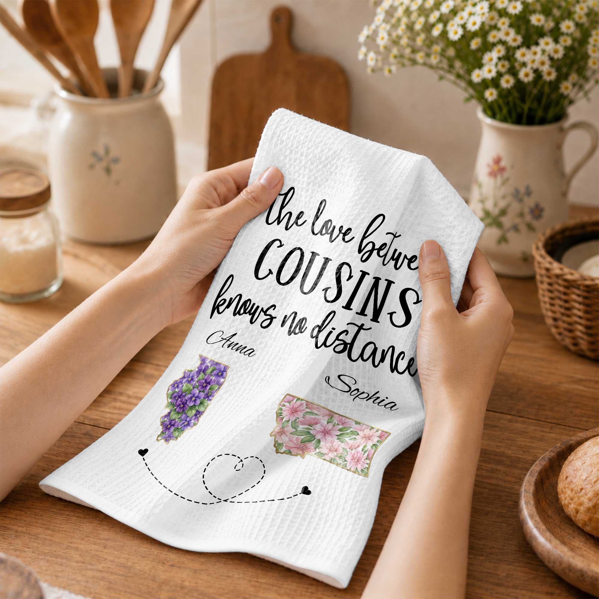 Personalized Cousin Kitchen Towel Custom State Map Gift