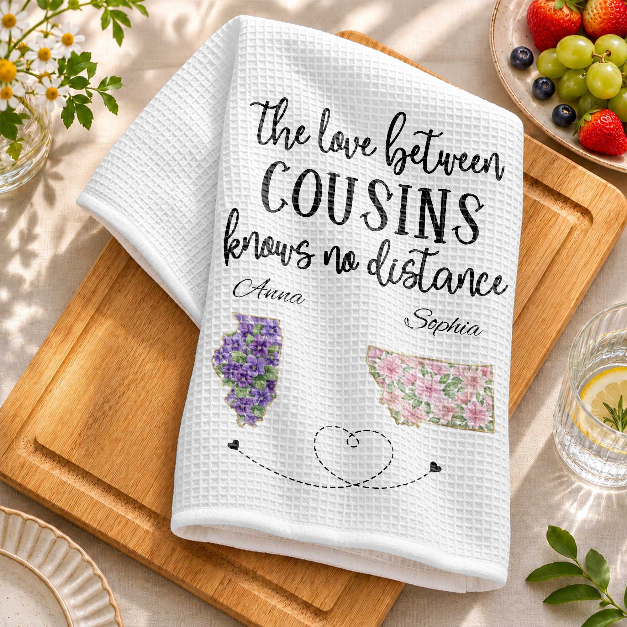 Personalized Cousin Kitchen Towel Custom State Map Gift