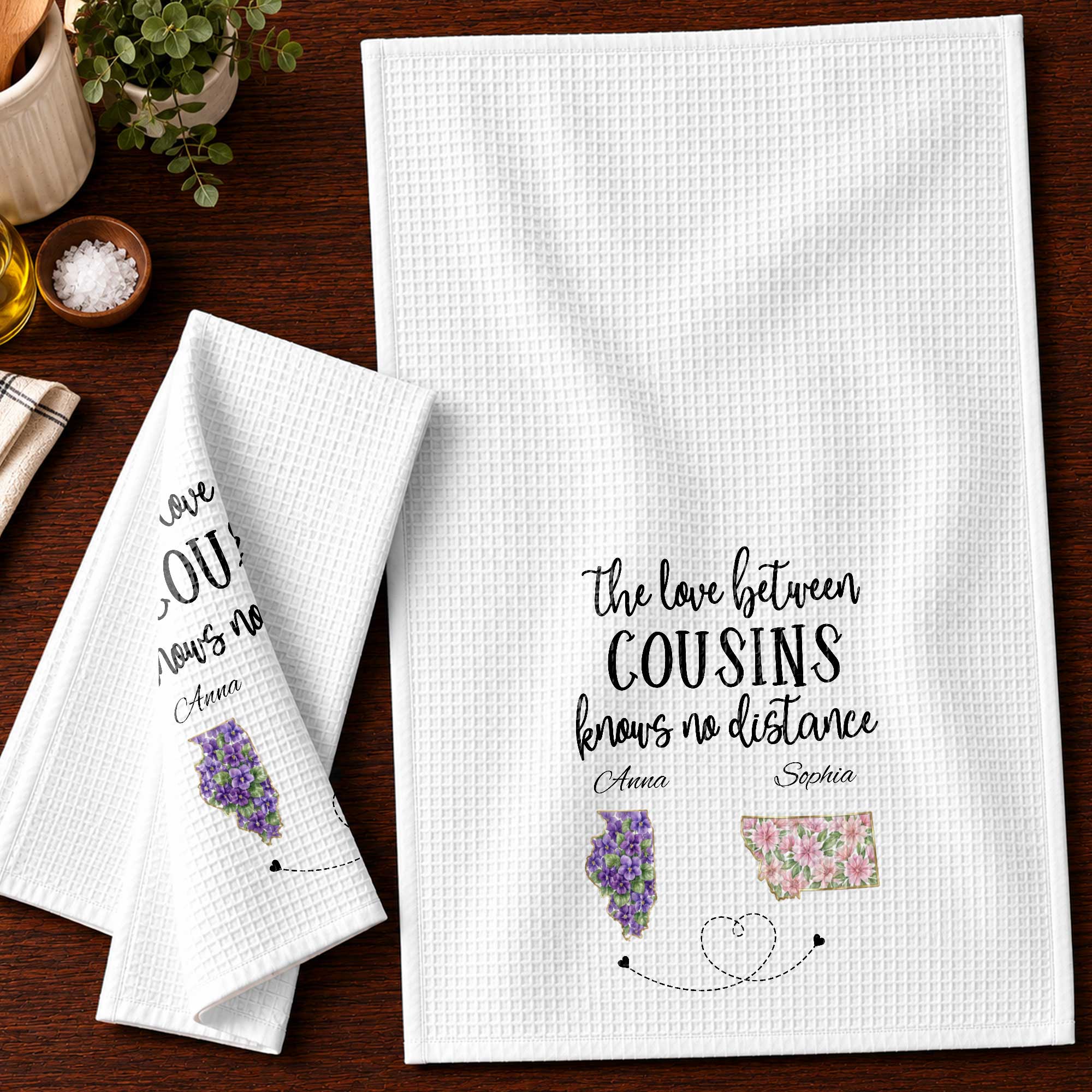 Personalized Cousin Kitchen Towel Custom State Map Gift